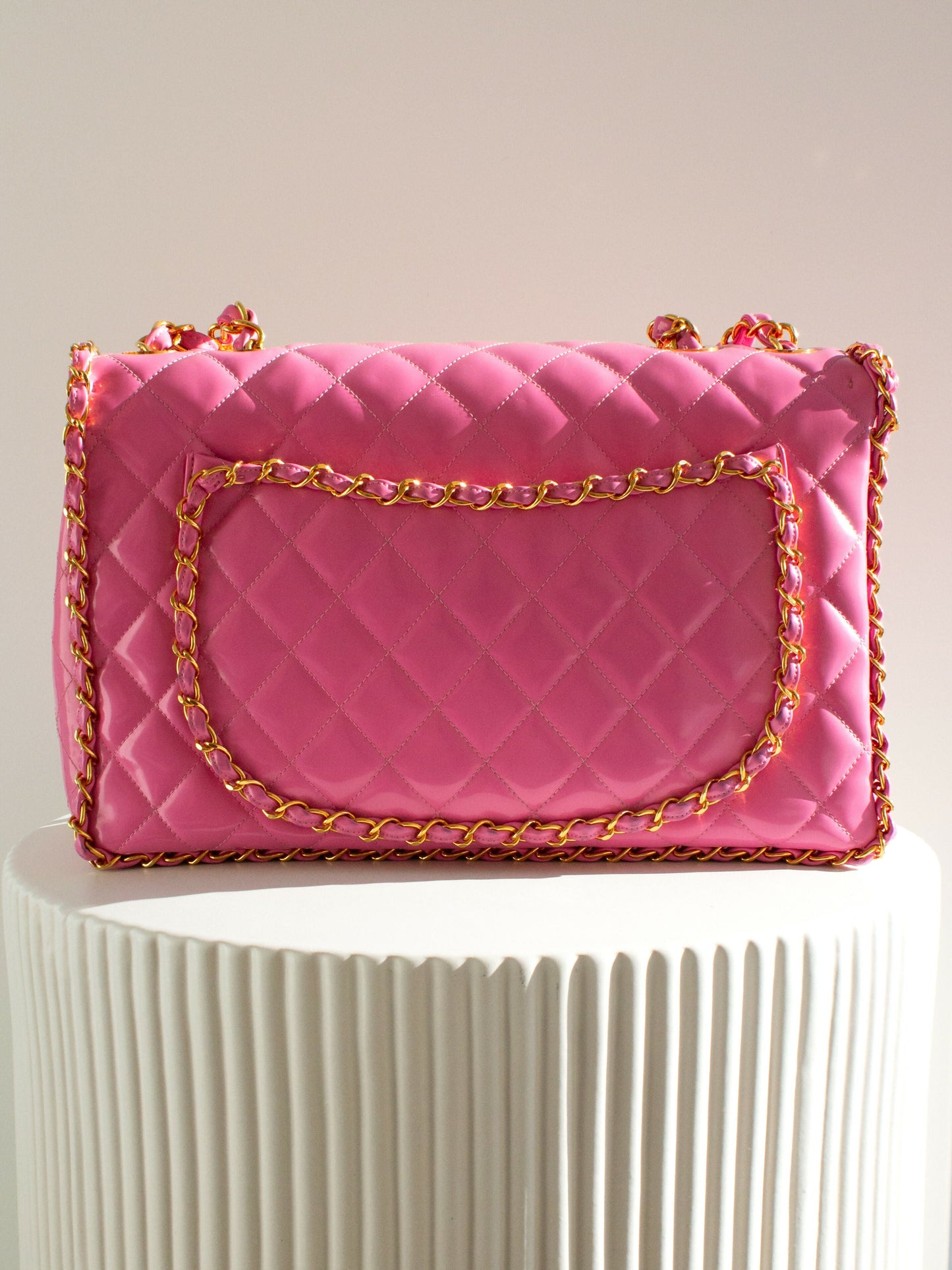 Chanel S/S1995 Barbie Pink 24K Gold Chain Around Patent Lambskin Jumbo XL 95P Bag