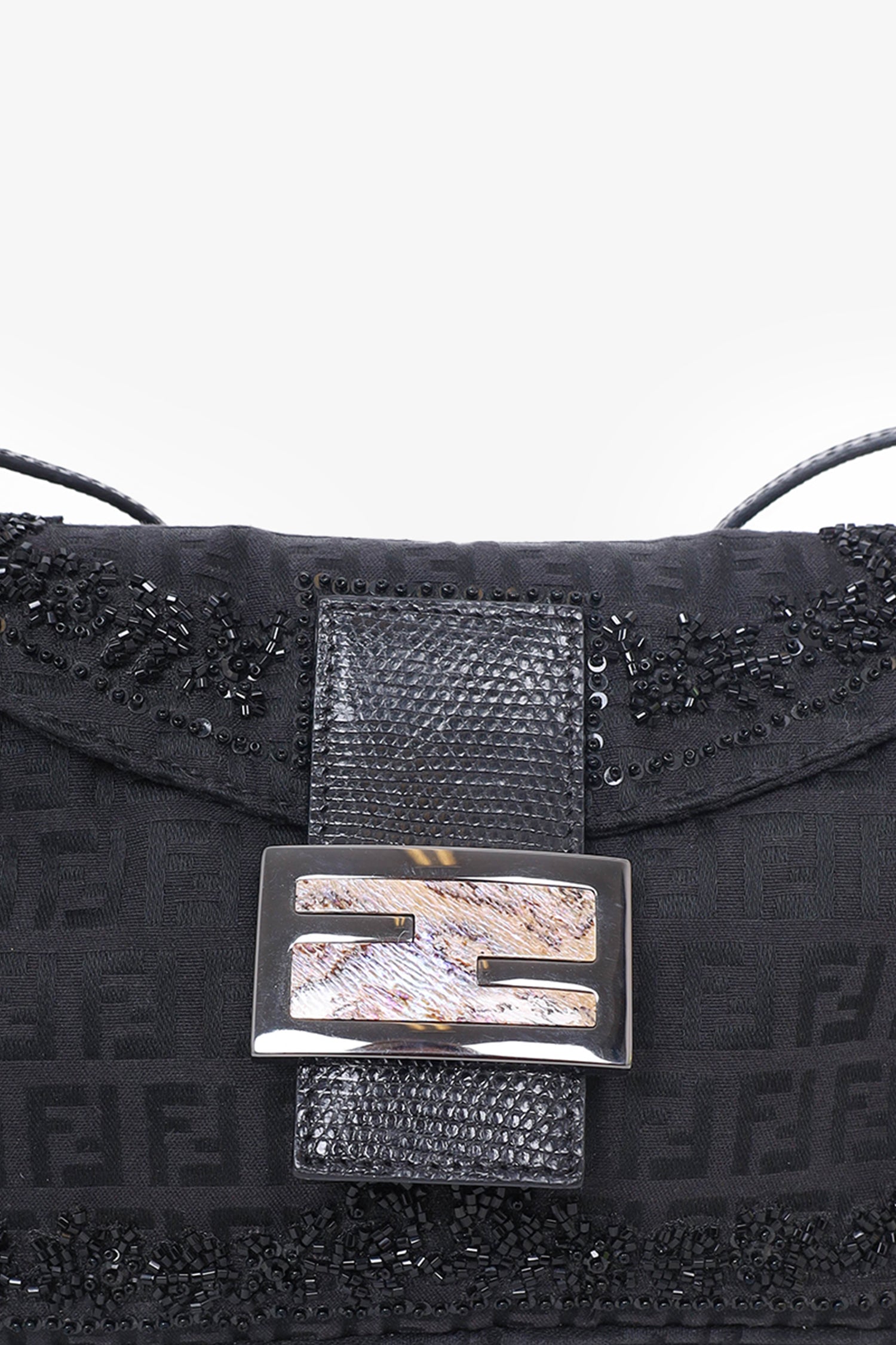 Fendi Black FF Zucca Beaded Lizard Trimmed Baguette