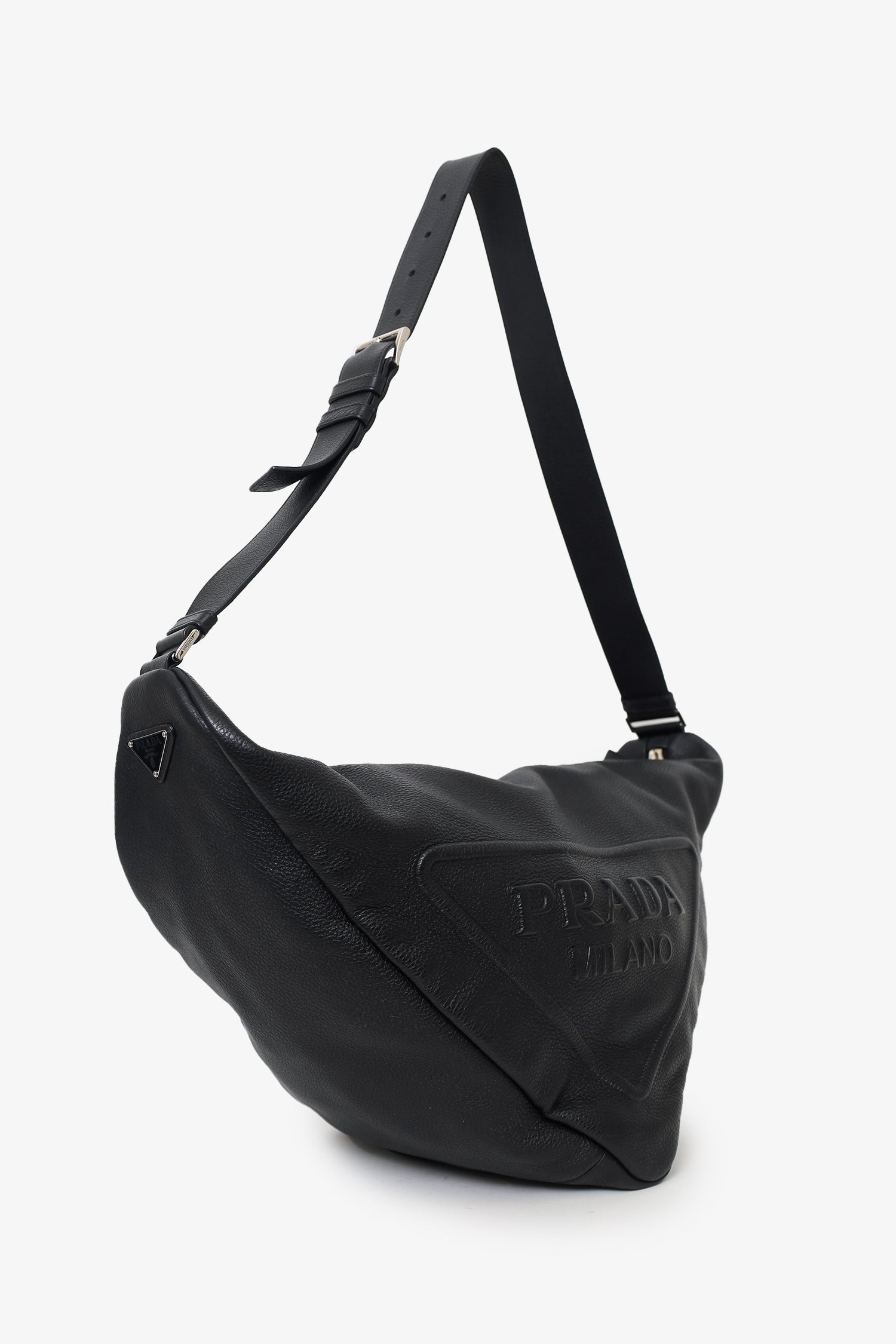 Prada Black Grained Leather Triangle Large Sling Crossbody