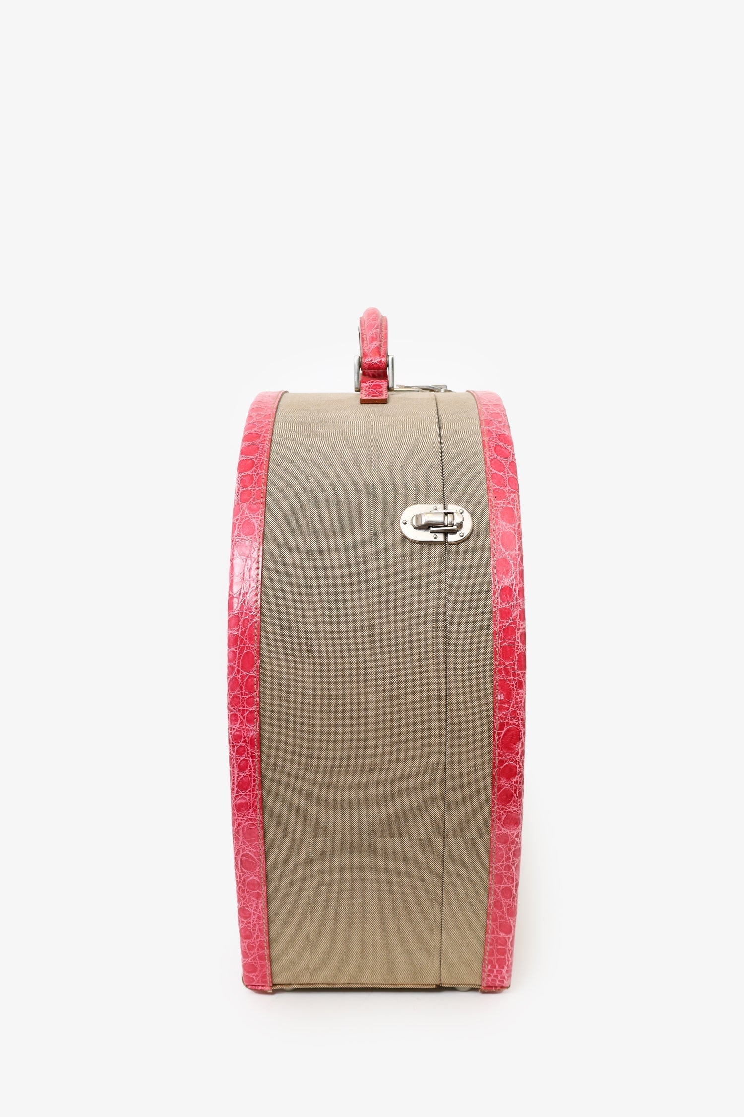 Prada Beige Canvas Pink Crocodile Trim Hat Box