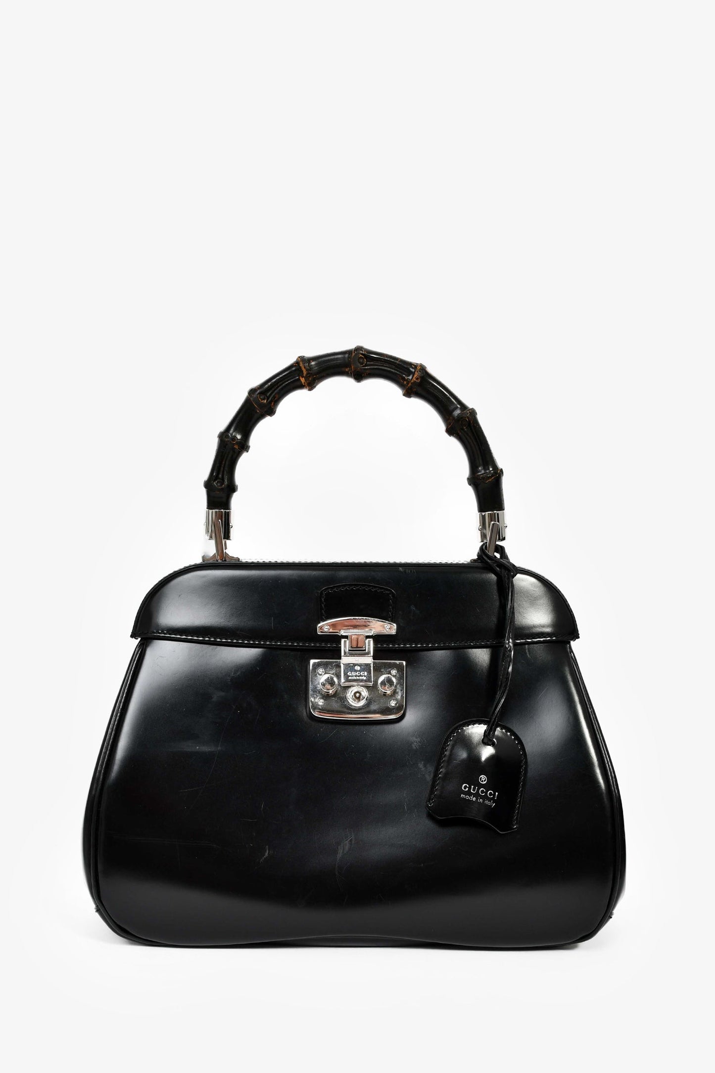 Gucci Black Leather Bamboo Medium 'Lady Lock' Top Handle Bag