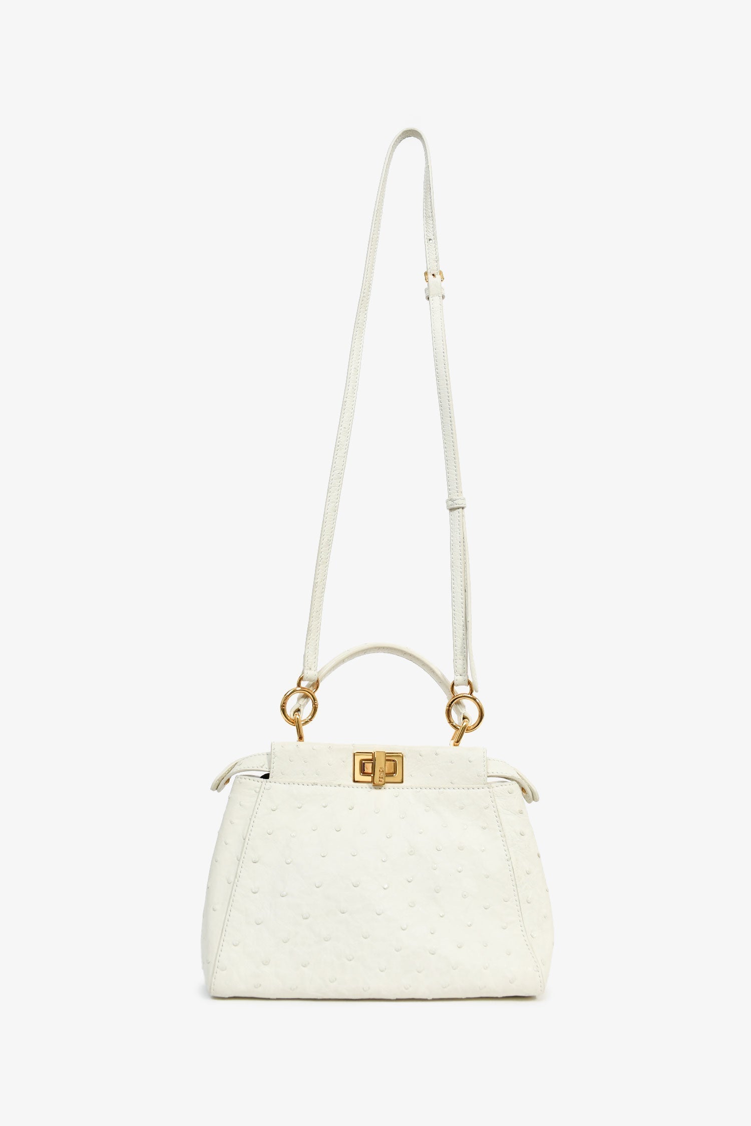 Fendi White Ostrich Leather Mini Peekaboo Bag with Strap