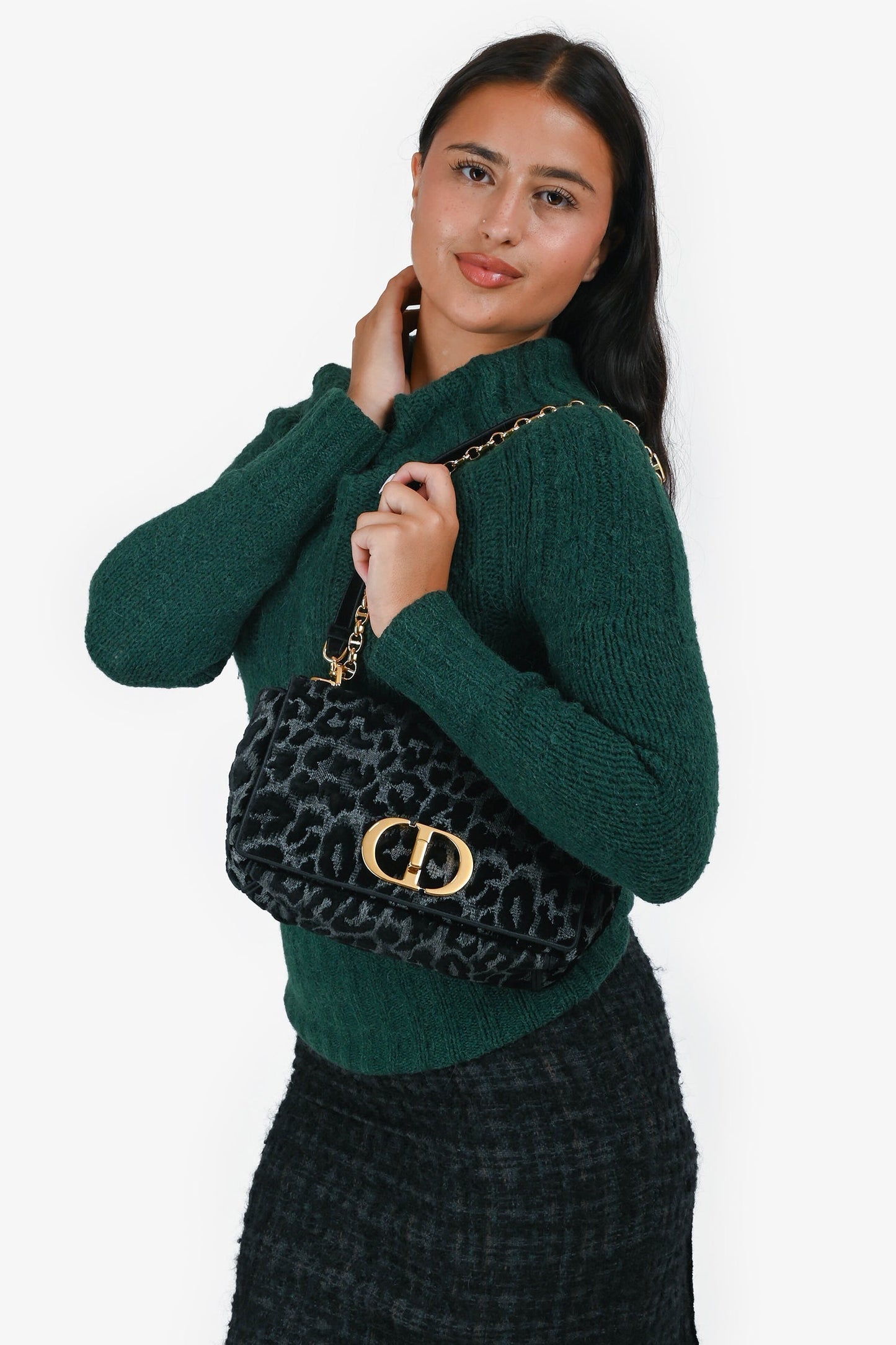 Christian Dior 2021 Black Grey Velvet Leopard Print Medium Caro Bag