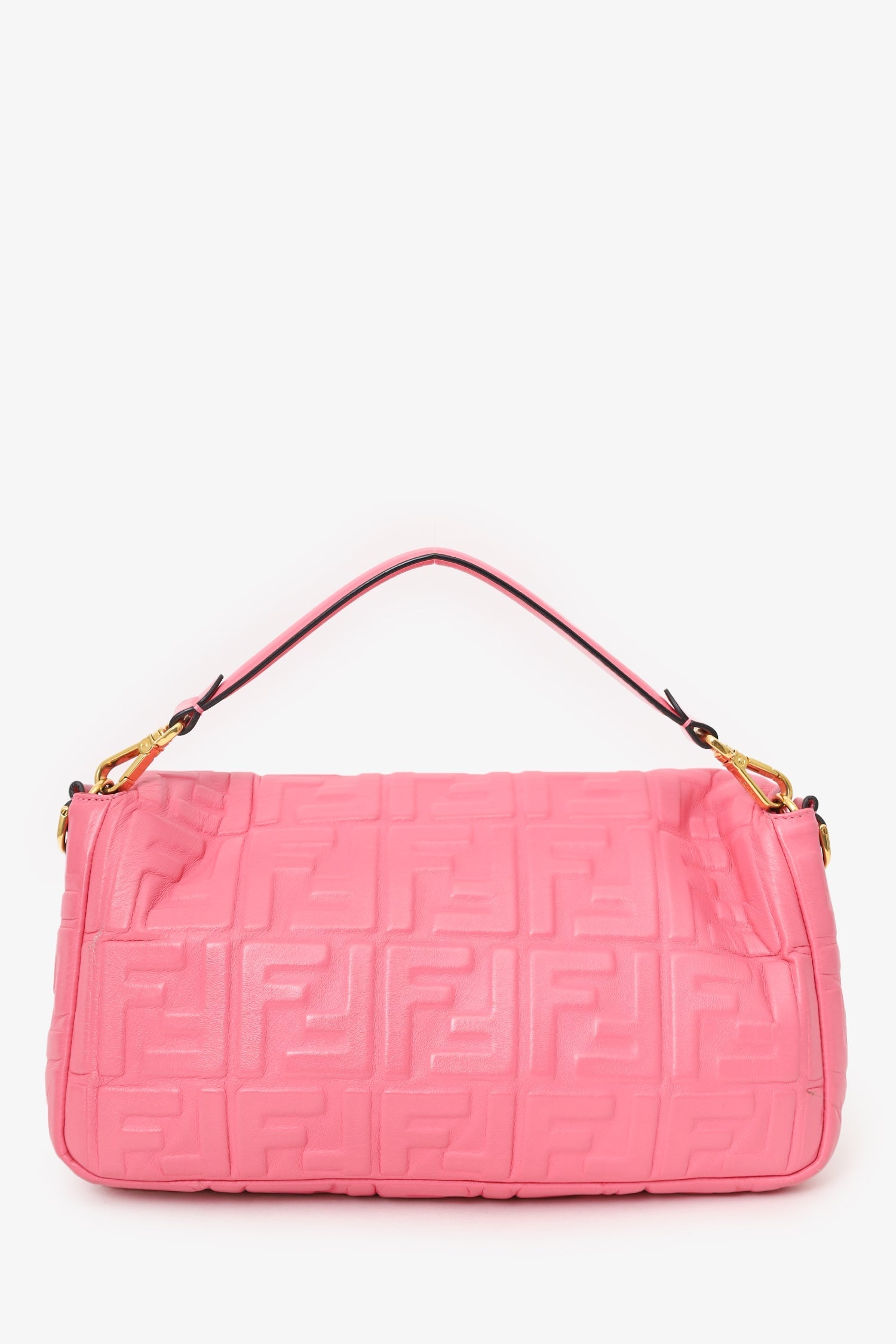 Fendi Pink Leather Nappa FF 1974 Embossed Large Baguette Bag with Strap