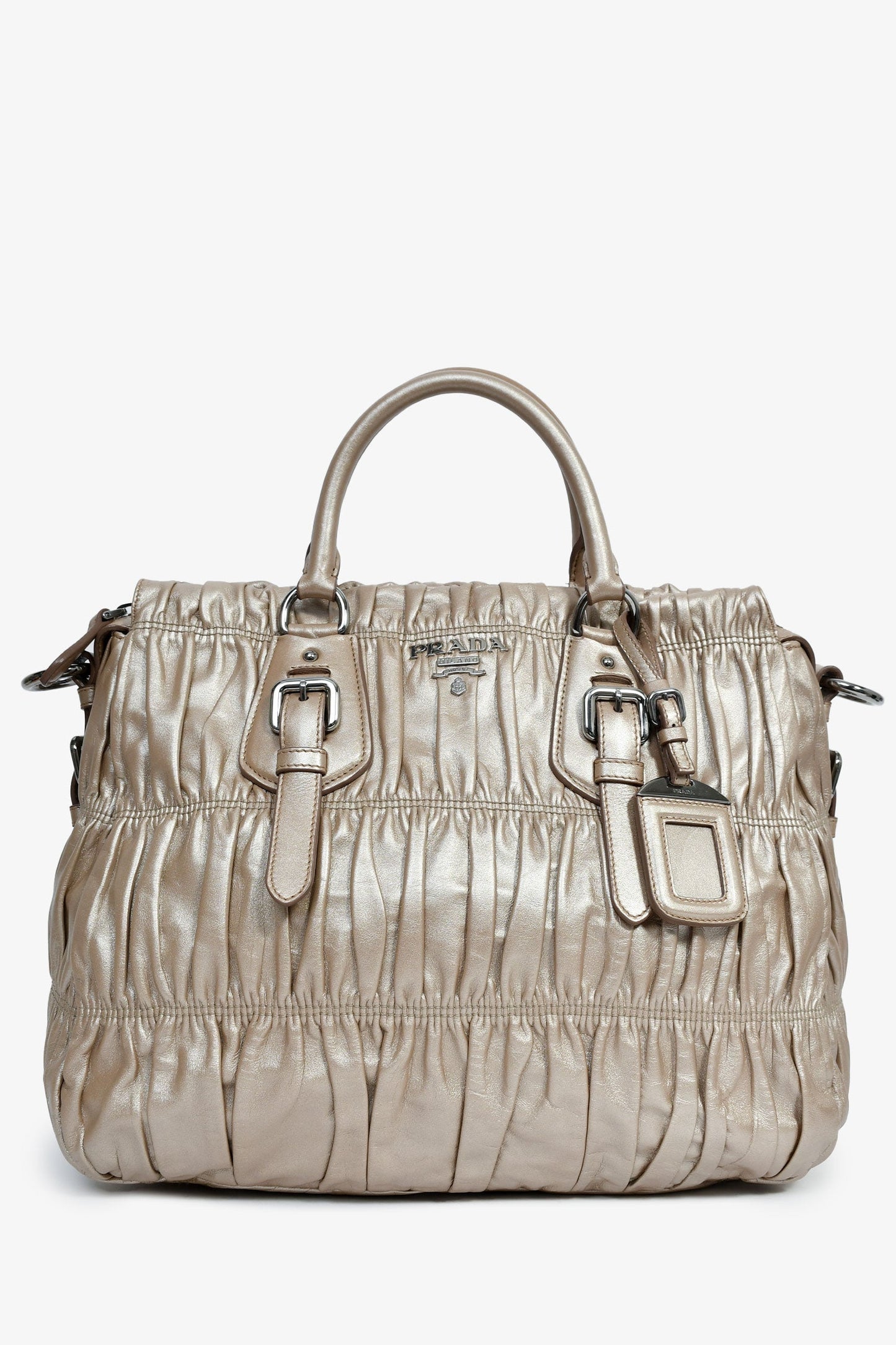 Prada Gold Metallic Nappa Gaufre Leather Top Handle Bag With Strap