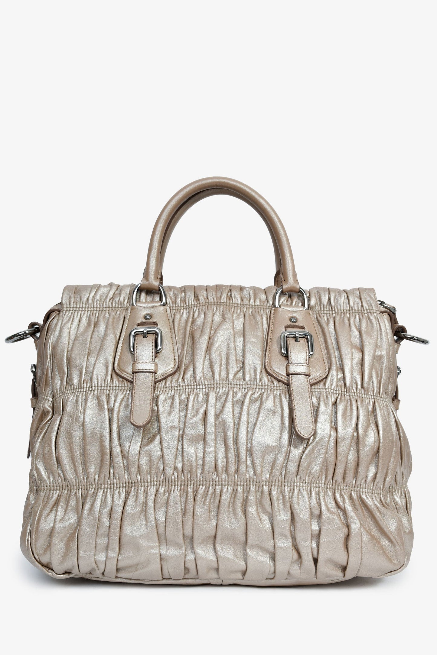 Prada Gold Metallic Nappa Gaufre Leather Top Handle Bag With Strap