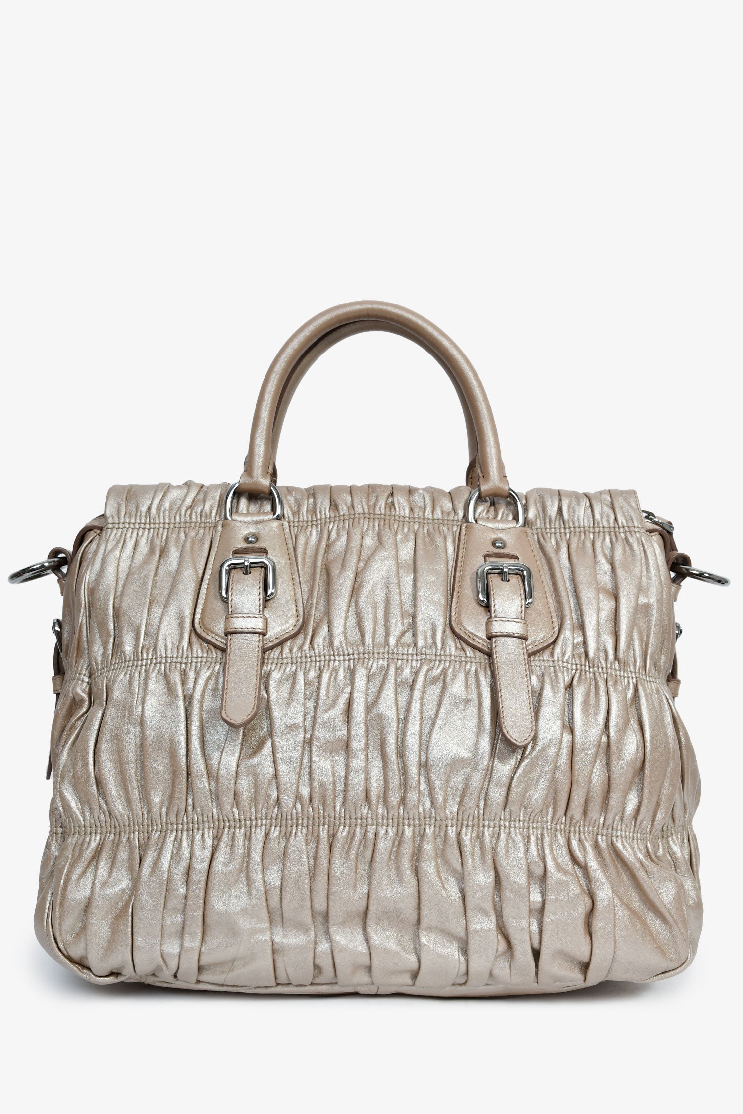 Prada Gold Metallic Nappa Gaufre Leather Top Handle Bag With Strap