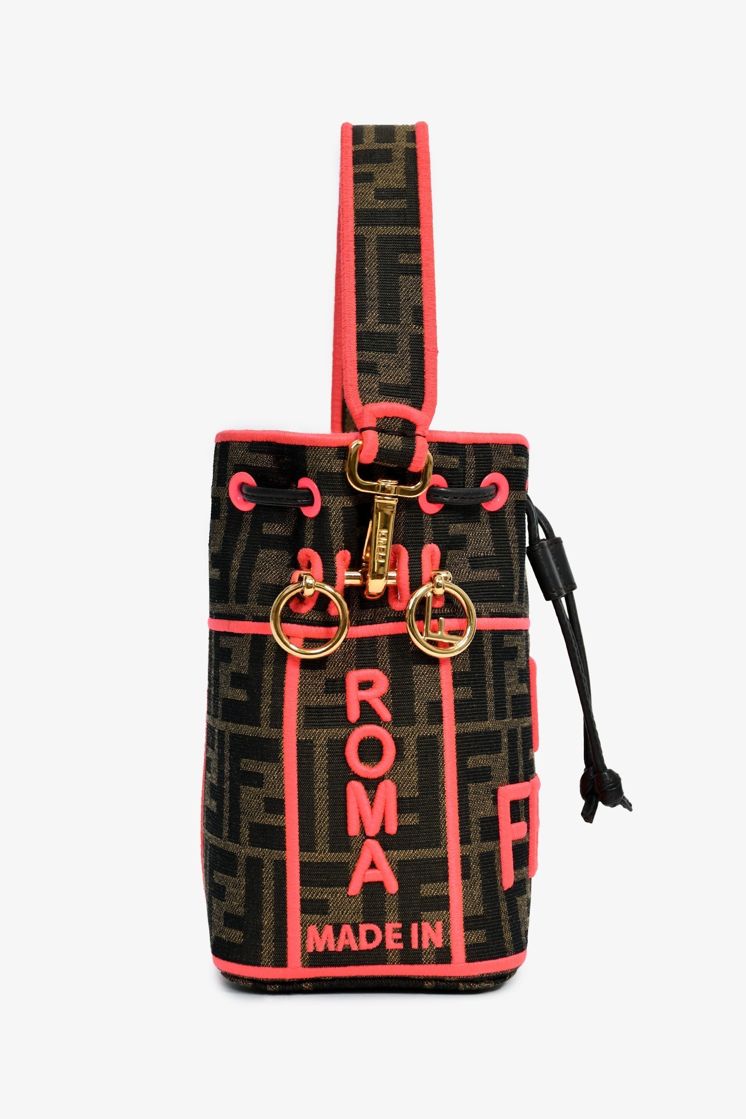 Fendi Brown Zucca/Neon Pink Canvas Mon Tresor Bucket Bag