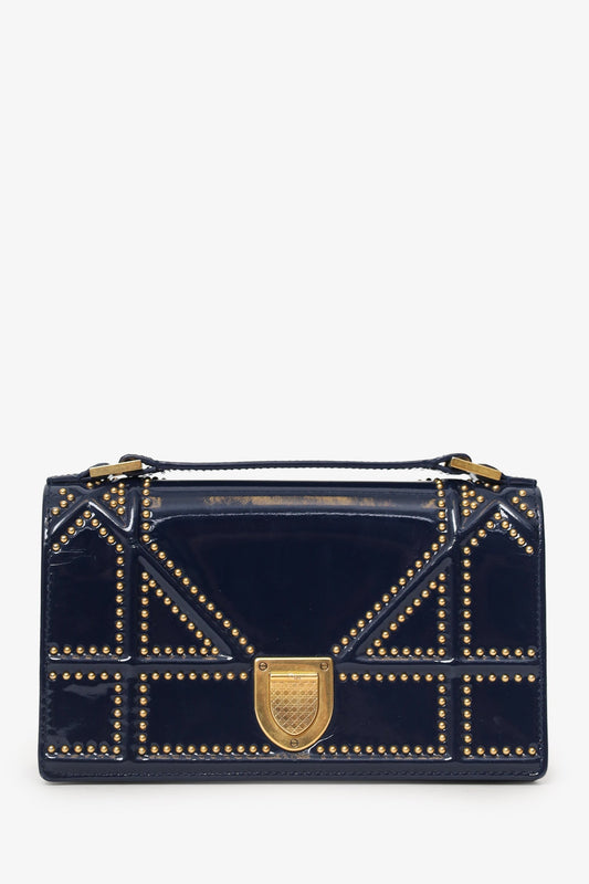 Christian Dior 2017 Navy Patent Studded Mini Diorama Top Handle Bag With Pouch