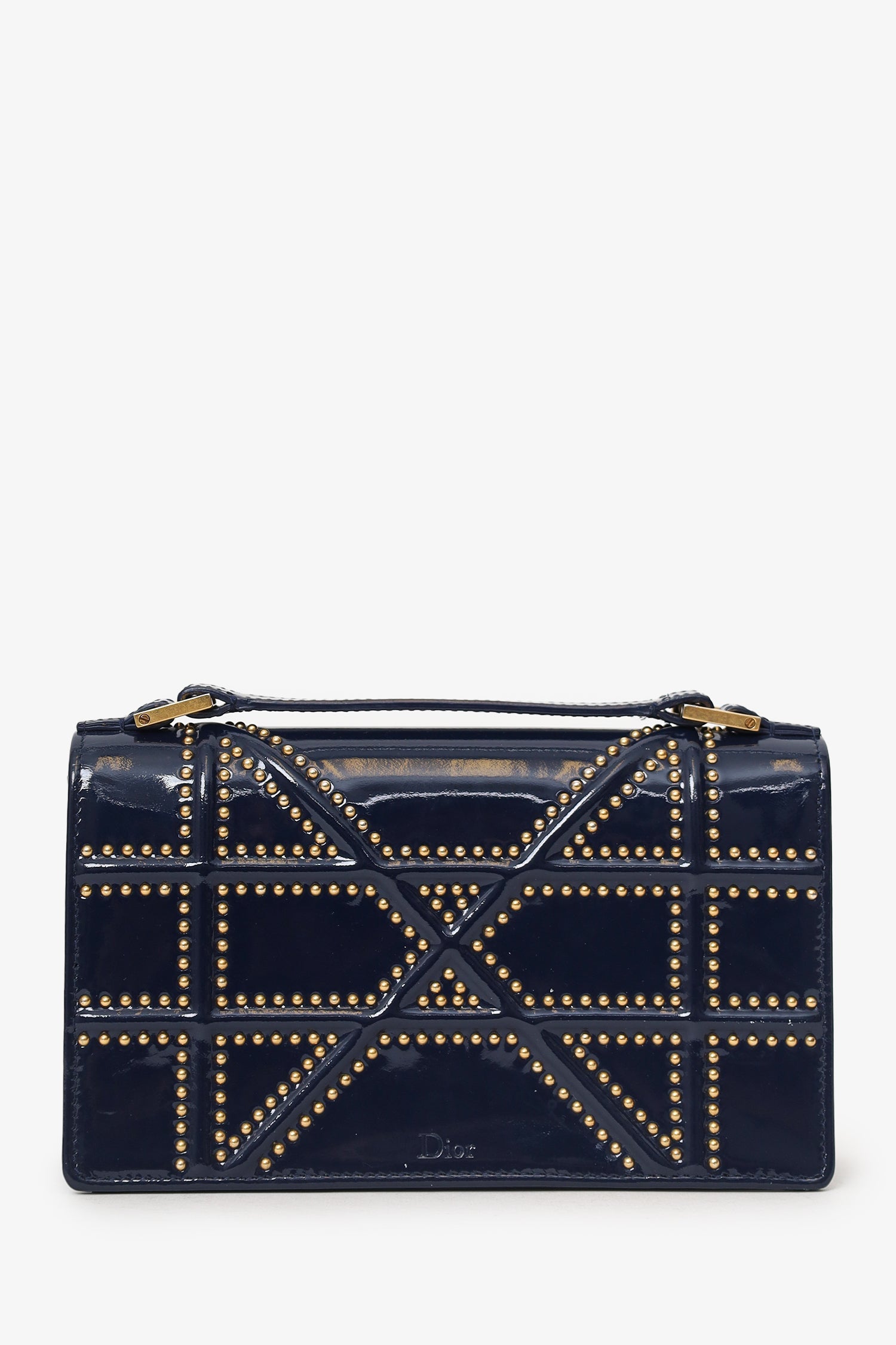 Christian Dior 2017 Navy Patent Studded Mini Diorama Top Handle Bag With Pouch