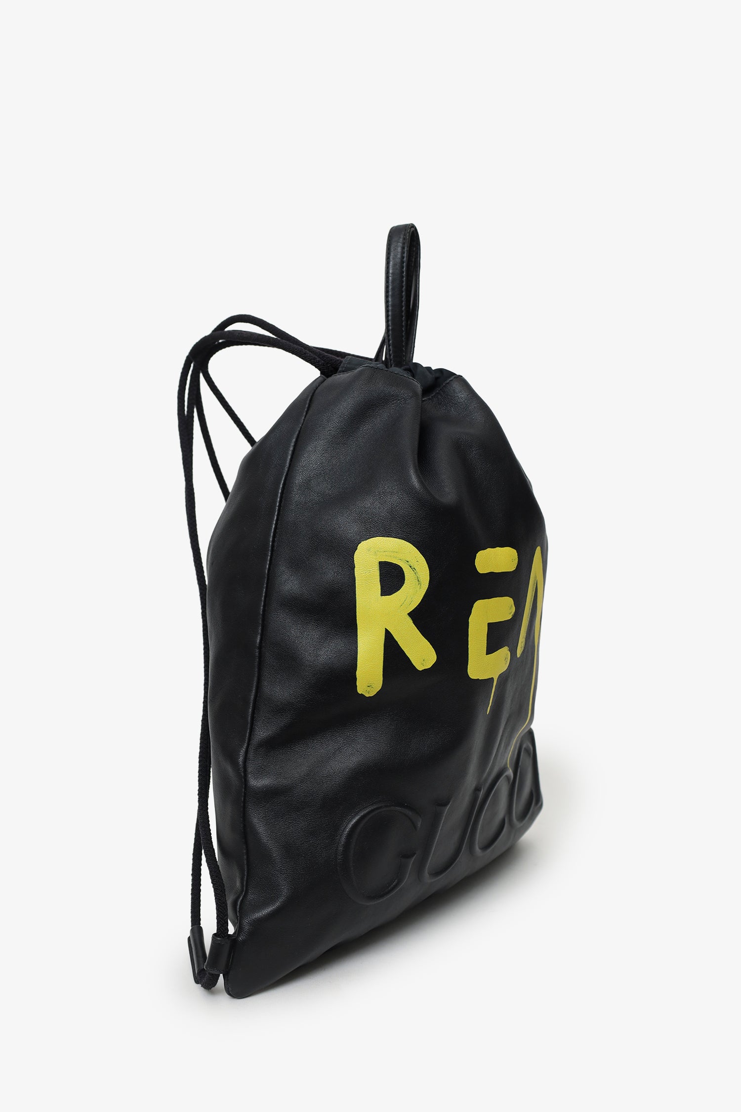 Gucci Black Leather Ghost Printed "Real" Drawstring Backpack