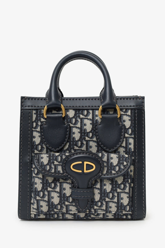 Christian Dior Navy Canvas/Leather Oblique Mini Tote Bag With Strap