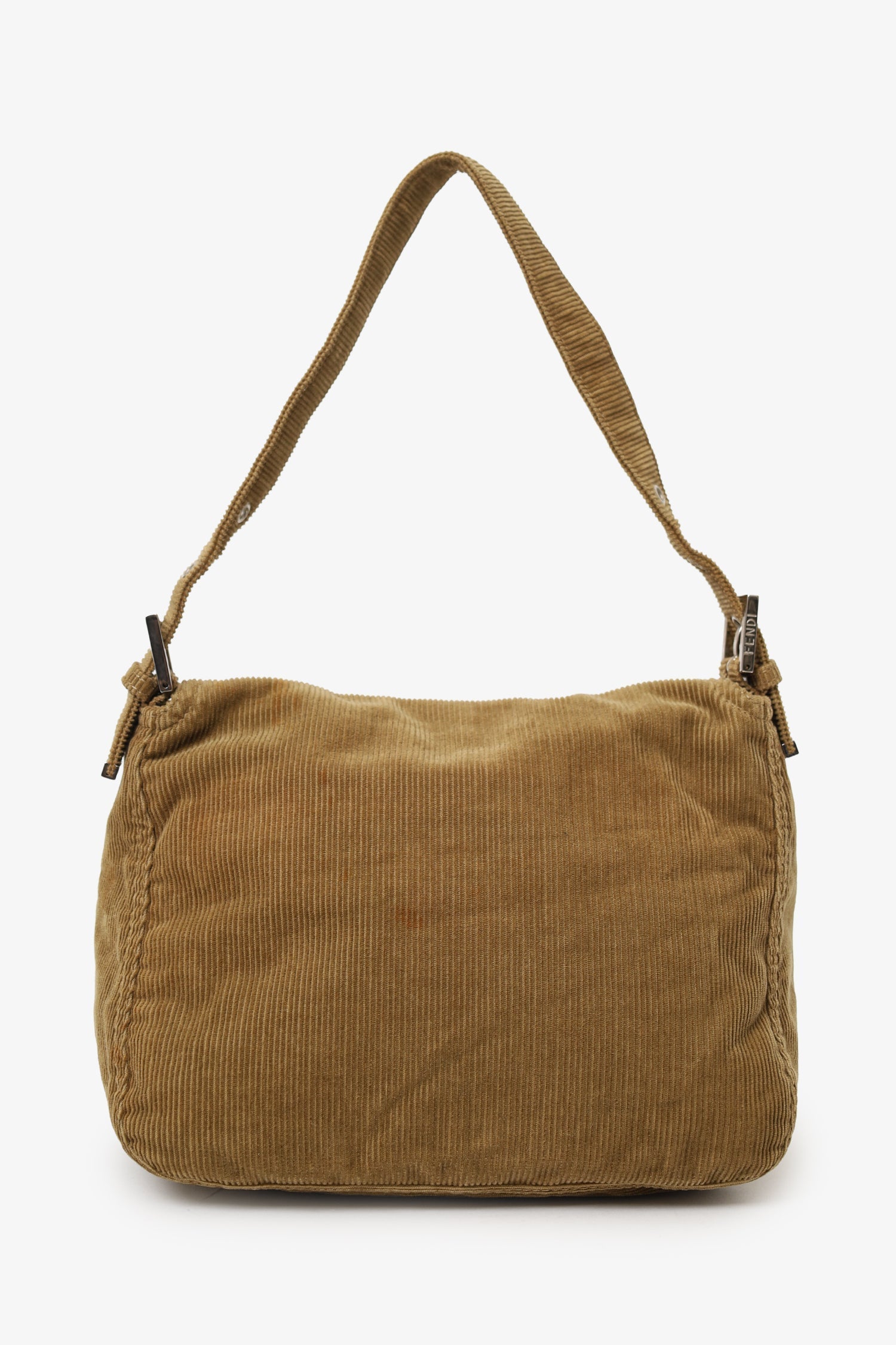 Fendi Brown Corduroy Double Flap Baguette Shoulder Bag