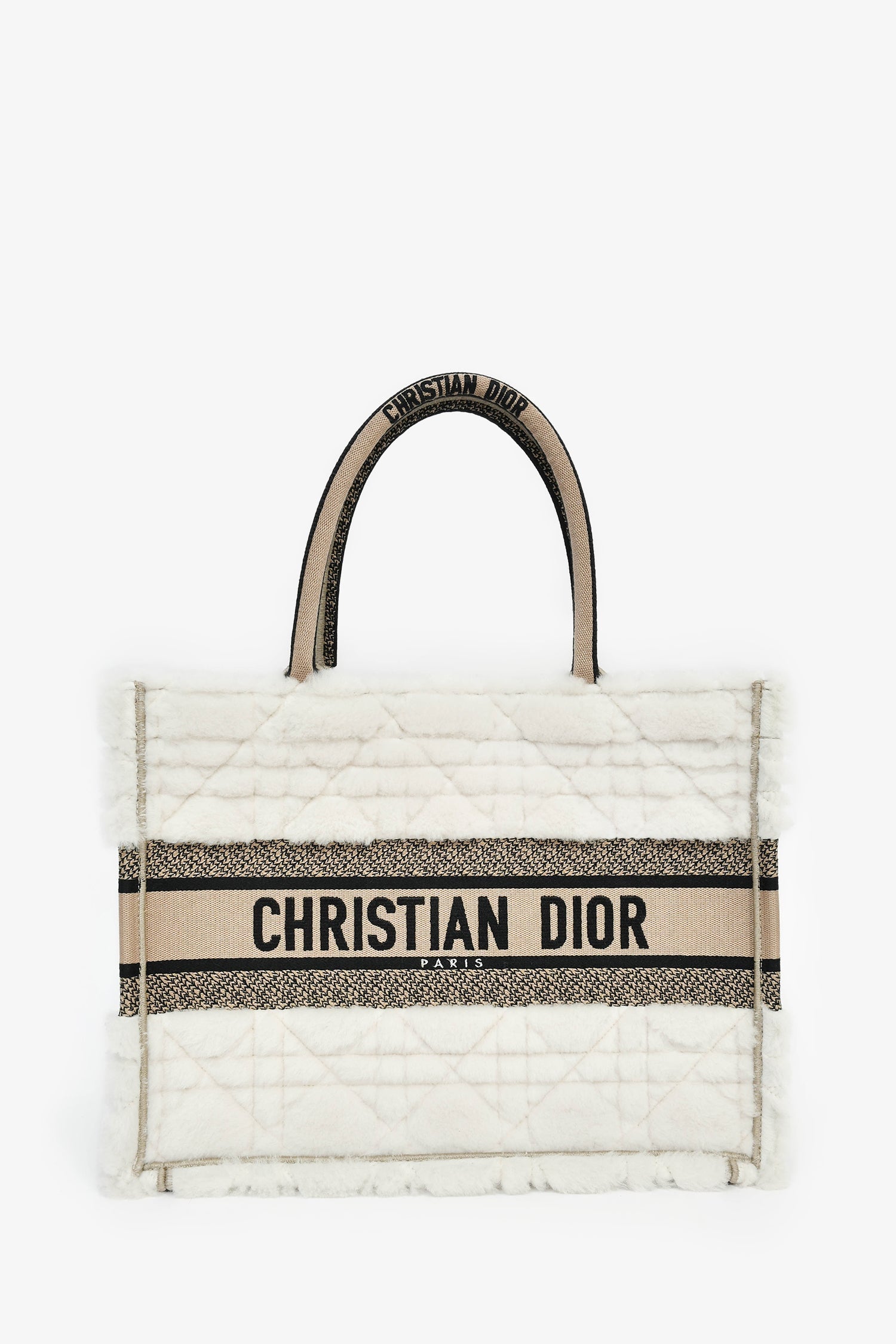 Christian Dior 2023 Ecru Cannage Shearling Taupe Canvas Medium Book Tote