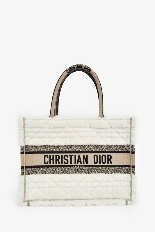Christian Dior 2023 Ecru Cannage Shearling Taupe Canvas Medium Book Tote