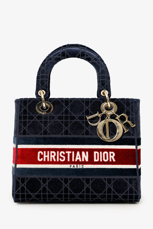 Christian Dior 2021 Blue Velvet 'Cannage D-Lite' Medium Bag With Strap