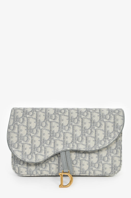 Christian Dior 2023 Grey Oblique Canvas Medium Saddle Pouch With Chain