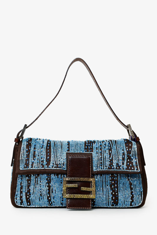 Fendi Brown/Blue Satin Beaded Baguette Shoulder Bag
