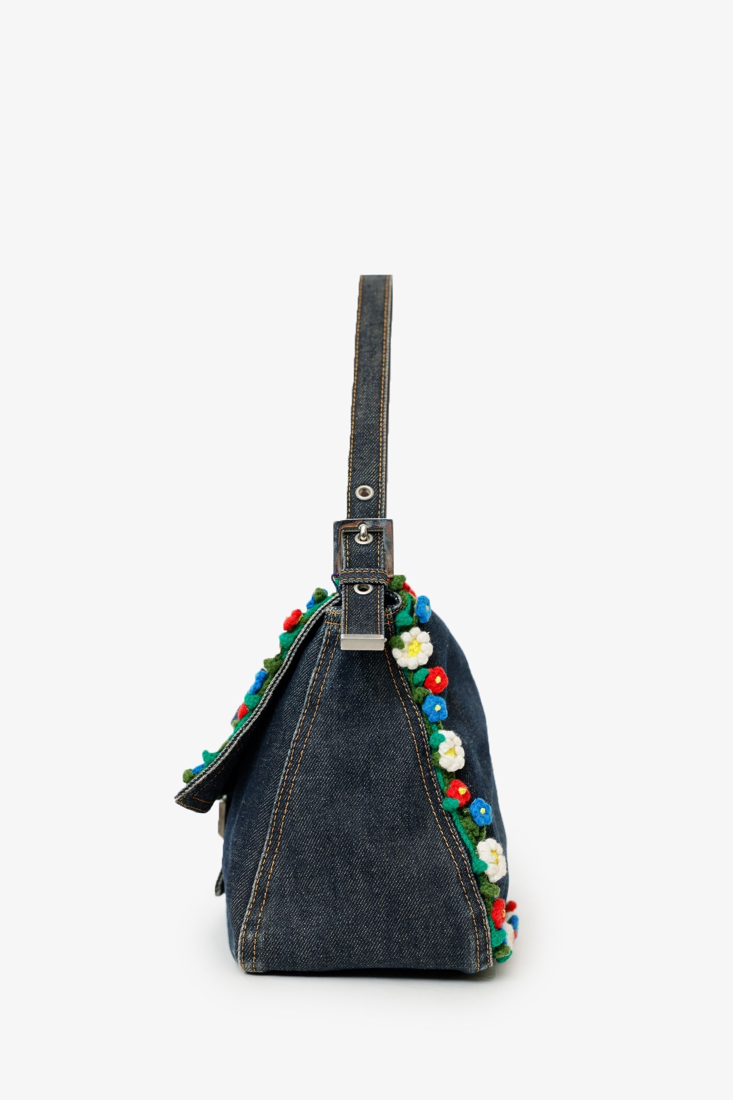 Fendi Blue Denim Crochet Floral Embellished Mama Baguette Shoulder Bag