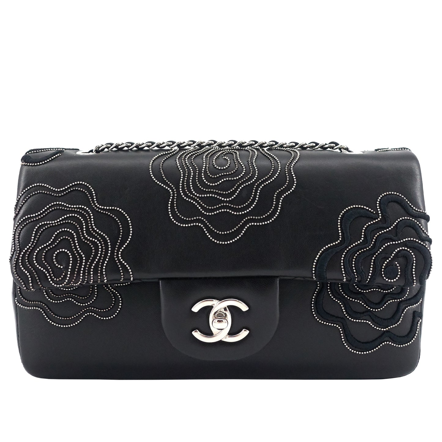 Chanel Embroidered Camellia Follies Medium Lambskin Leather Flap Bag