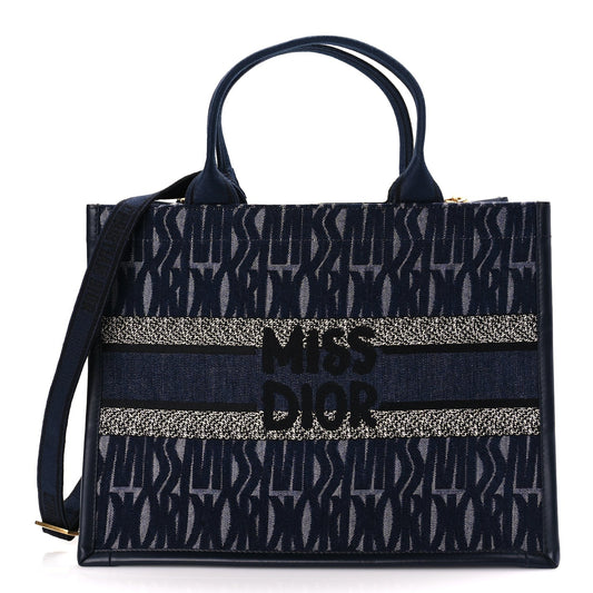 Christian Dior Canvas Calfskin Embroided Medium Miss Dior All Over Book Tote Denim Multicolor