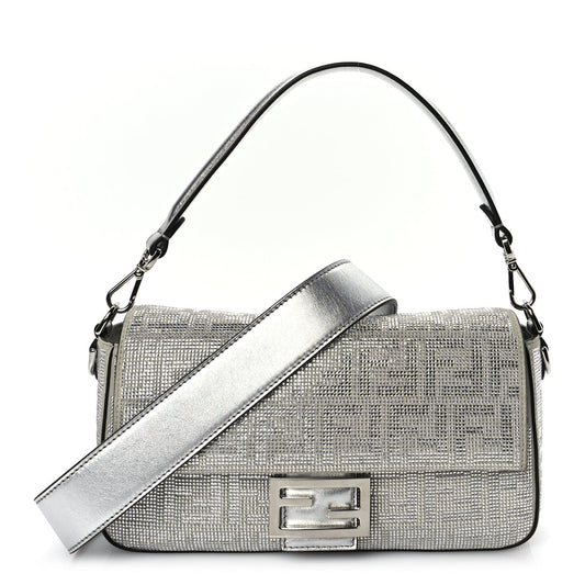 Fendi Crystal Vitello Laminato FF Medium Baguette Crystal Argento