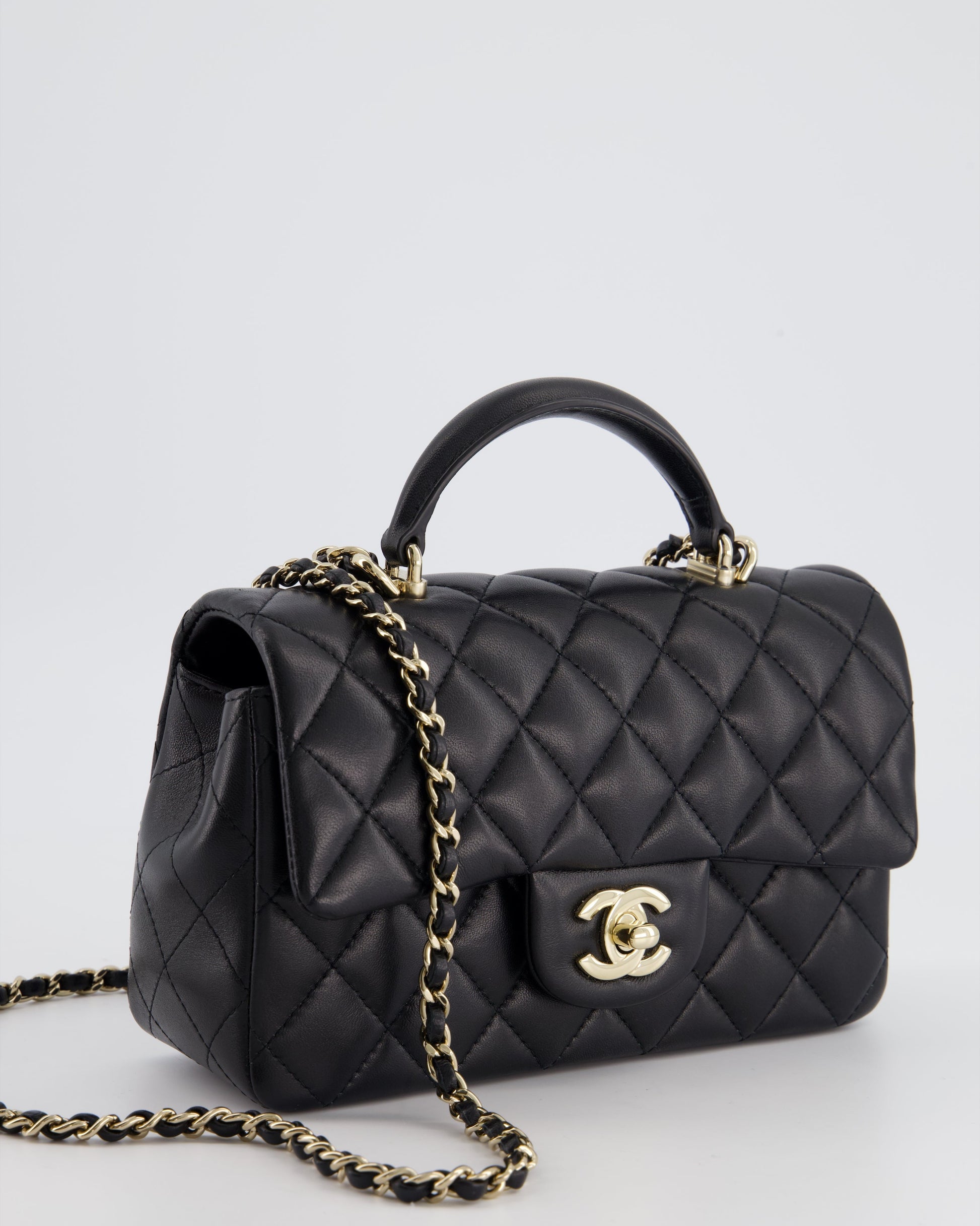 Chanel Black Mini Rectangular Top Handle Flap Bag in Lambskin with Champagne Gold Hardware