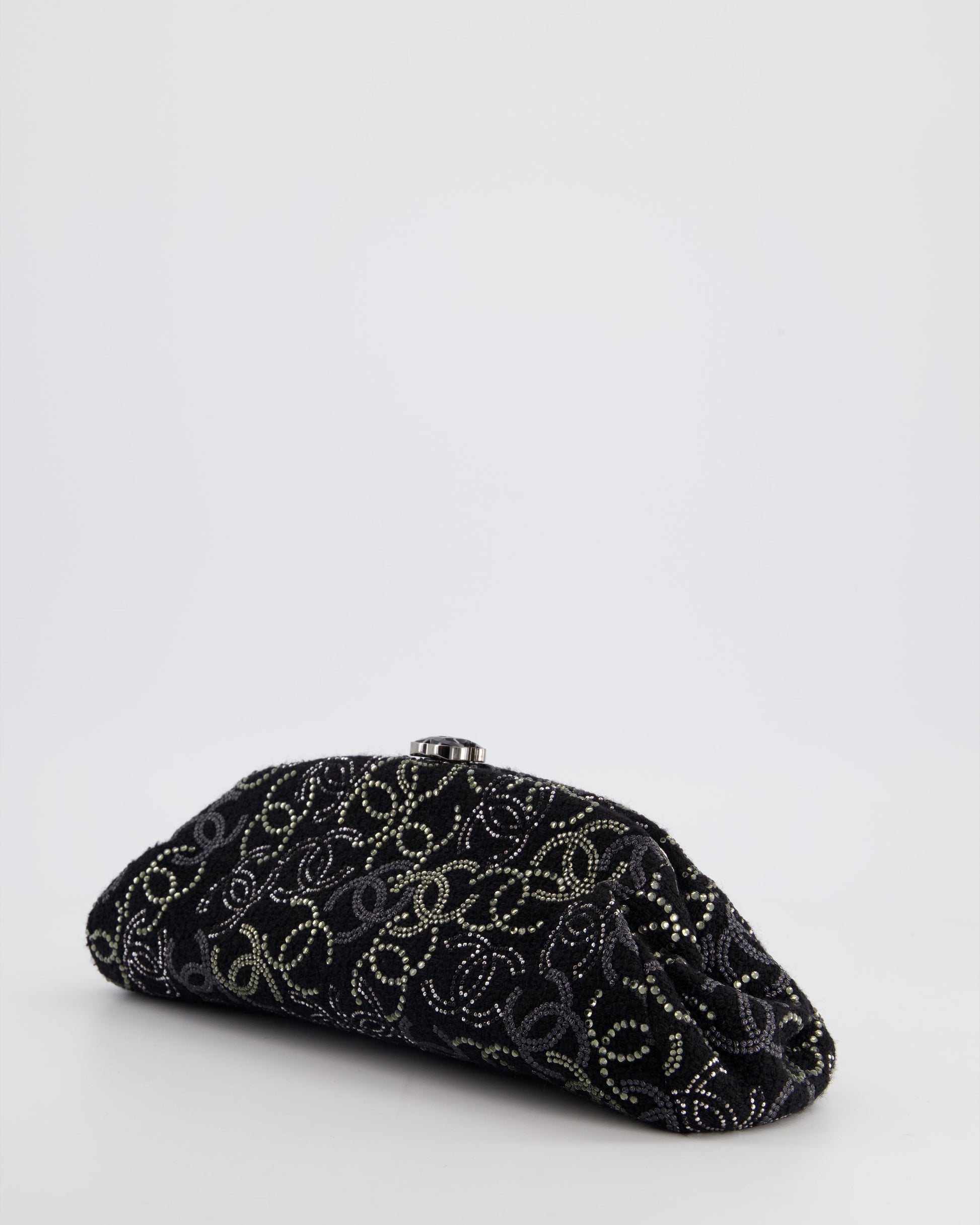 Chanel Black Timeless Clutch Bag in Fabric with Gunmetal Hardware and Crystal Logo Details