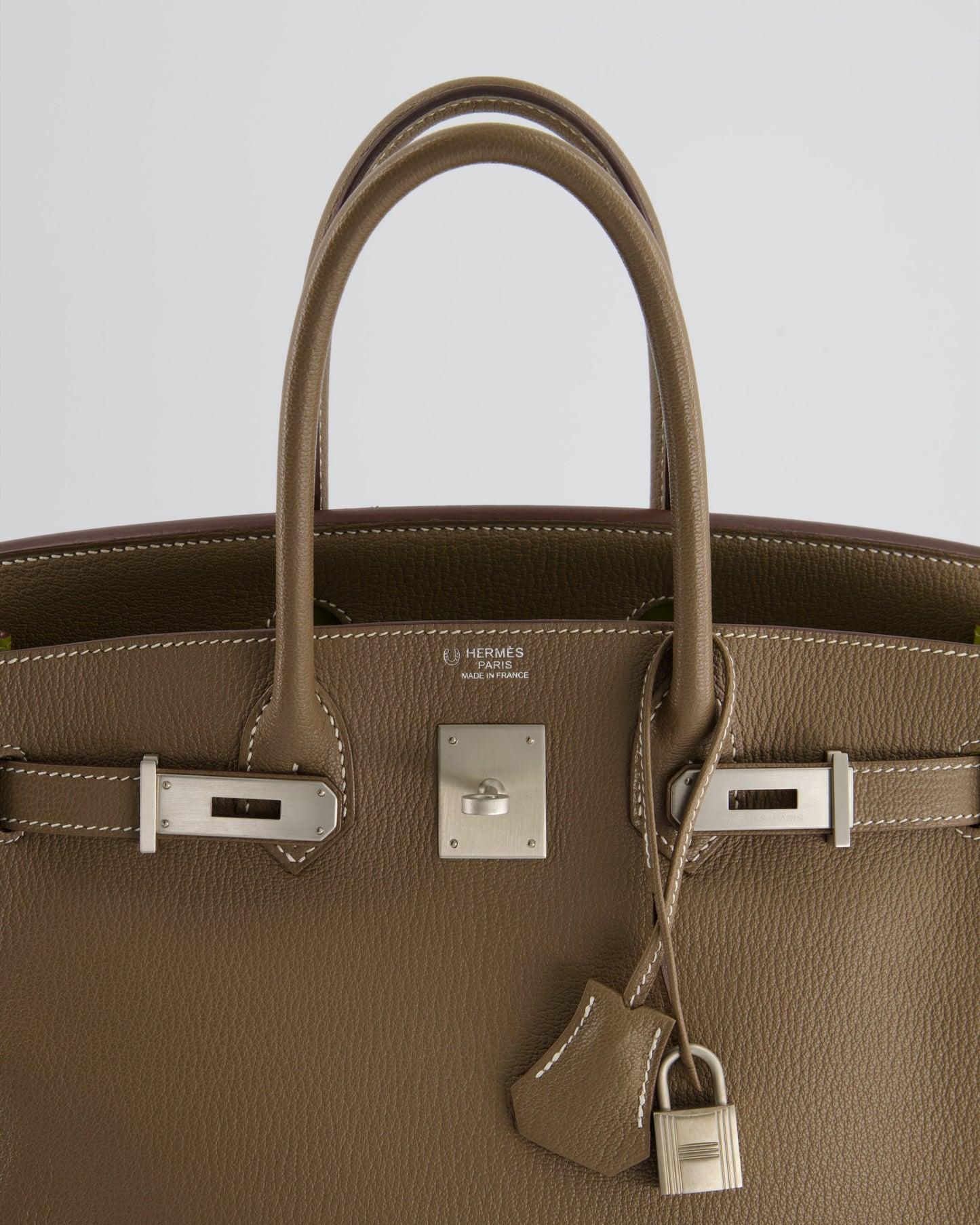 Hermes HSS Birkin 30 Retourne Bag in Etoupe & Vert Anis Chèvre Mysore with Brushed Palladium Hardware
