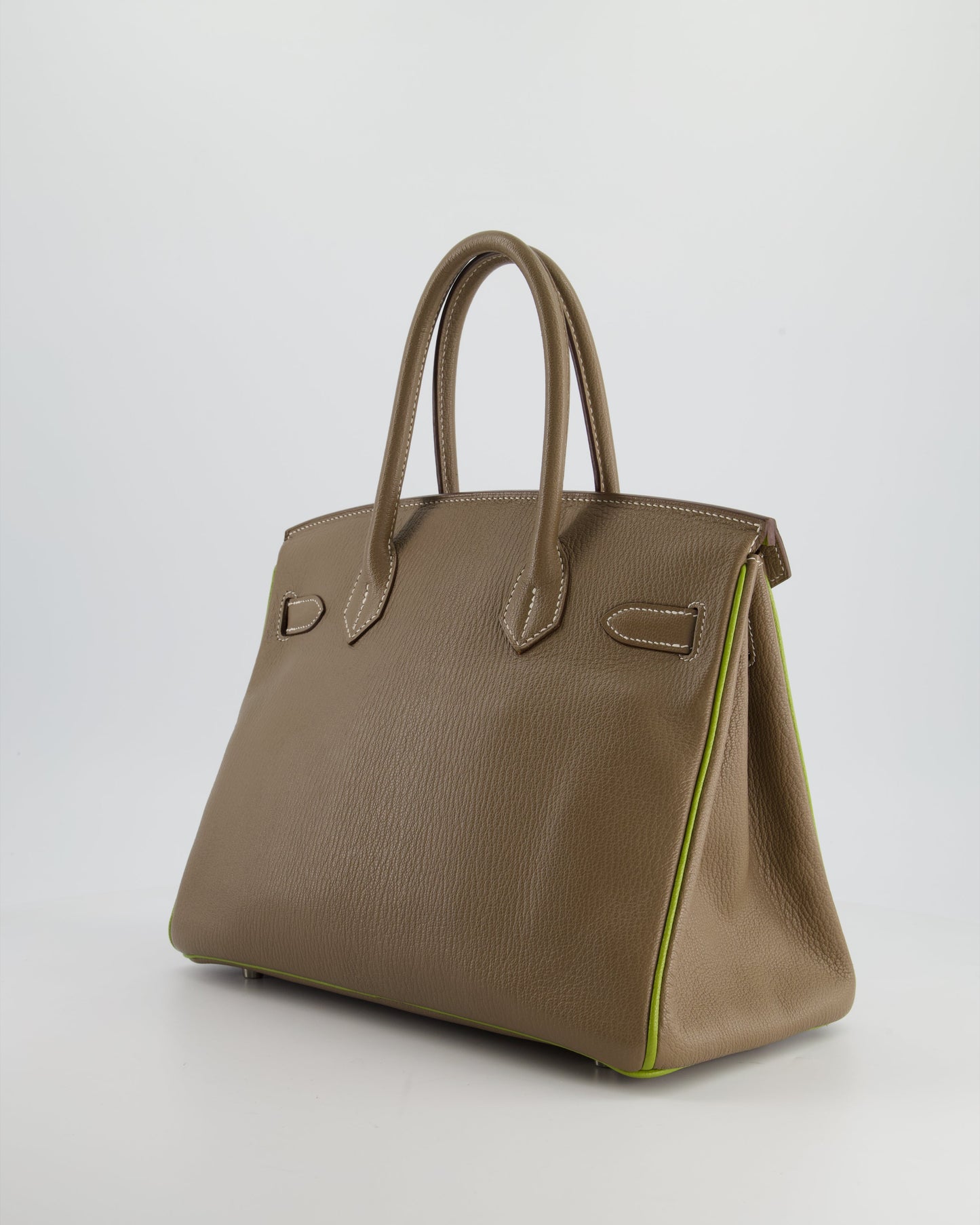 Hermes HSS Birkin 30 Retourne Bag in Etoupe & Vert Anis Chèvre Mysore with Brushed Palladium Hardware
