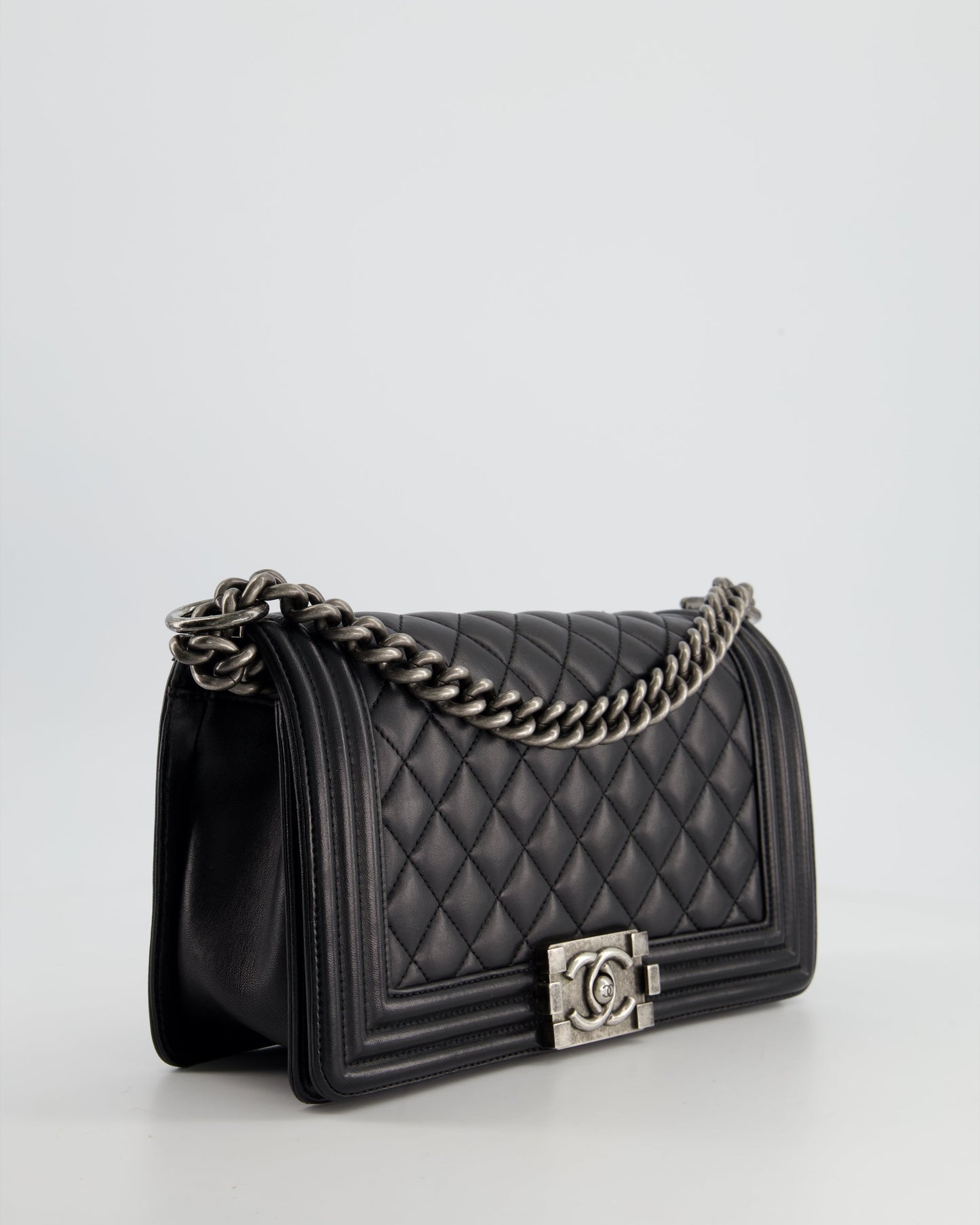 Chanel Black Medium Boy Bag In Lambskin Leather with Ruthenium Hardware
