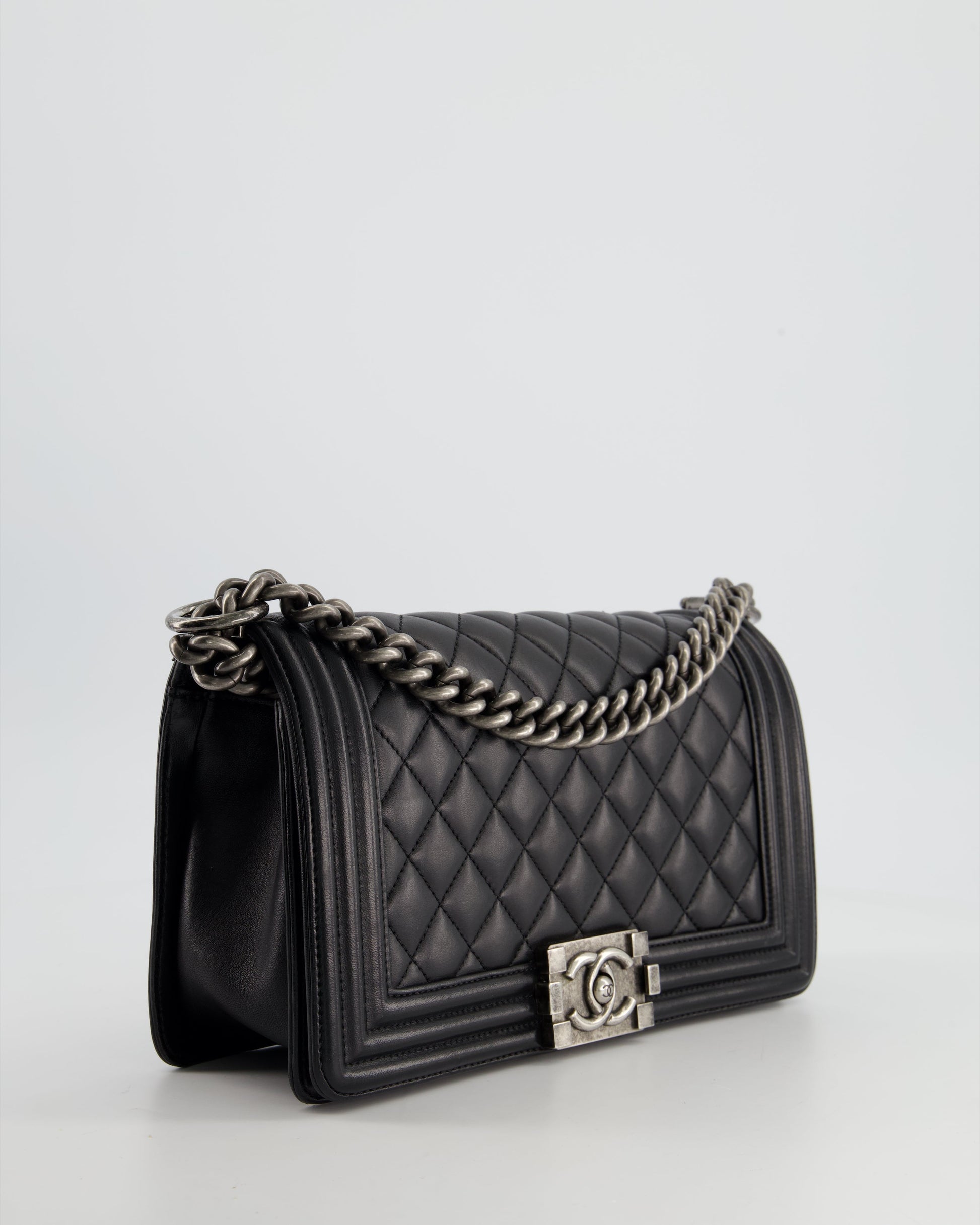 Chanel Black Medium Boy Bag In Lambskin Leather with Ruthenium Hardware