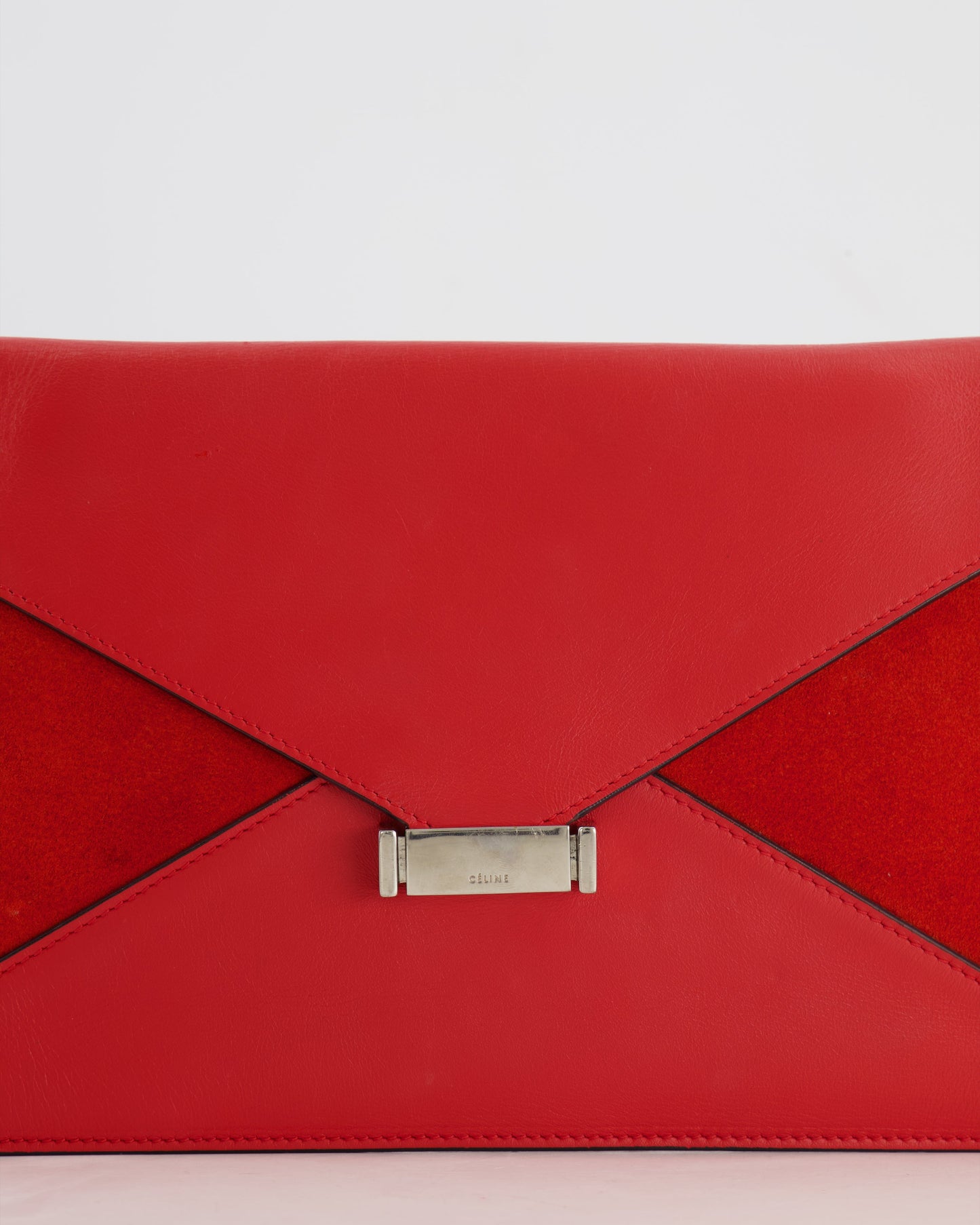 Celine Red Leather and Suede Envelope Pouch Bag with Silver Hardware