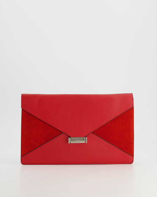 Celine Red Leather and Suede Envelope Pouch Bag with Silver Hardware