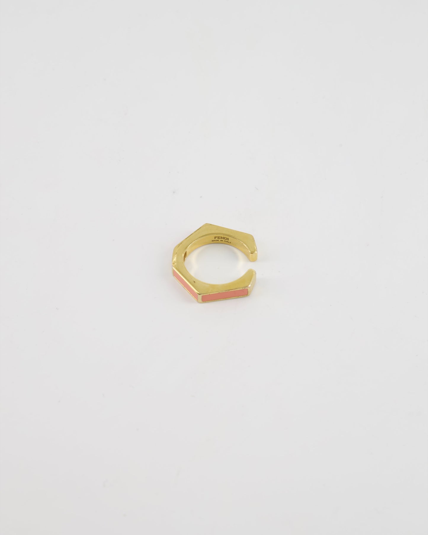 Fendi Gold Enamel Hexagonal Baguette Ring with pink Enamel Detail Size M
