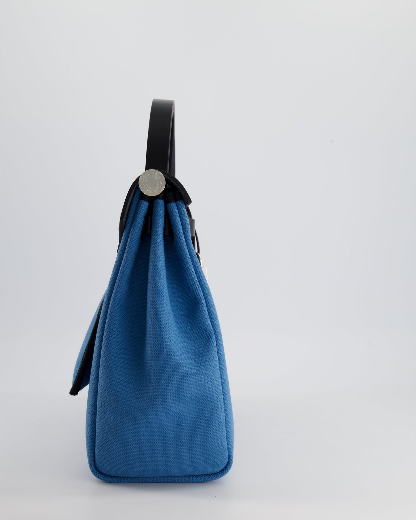 Hermes Herbag 31 Bag in Blue Jean Canvas and Noir Vache Hunter Leather with Palladium Hardware