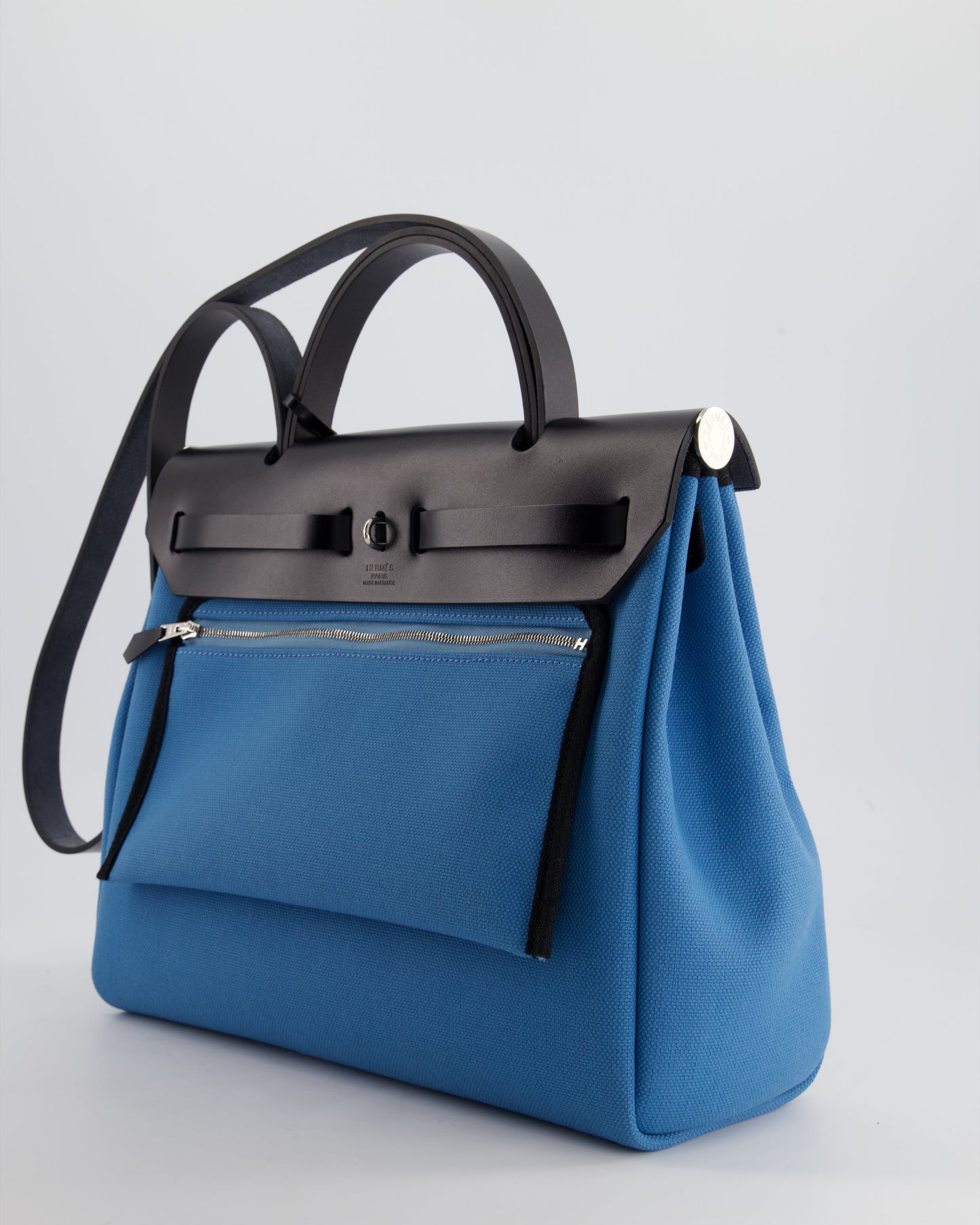 Hermes Herbag 31 Bag in Blue Jean Canvas and Noir Vache Hunter Leather with Palladium Hardware