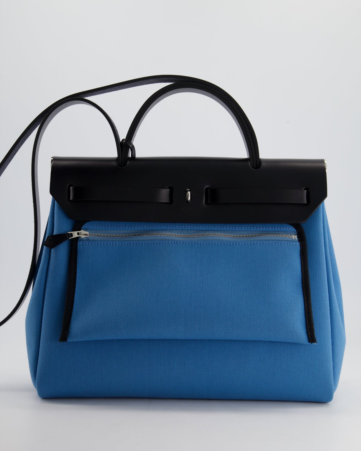 Hermes Herbag 31 Bag in Blue Jean Canvas and Noir Vache Hunter Leather with Palladium Hardware