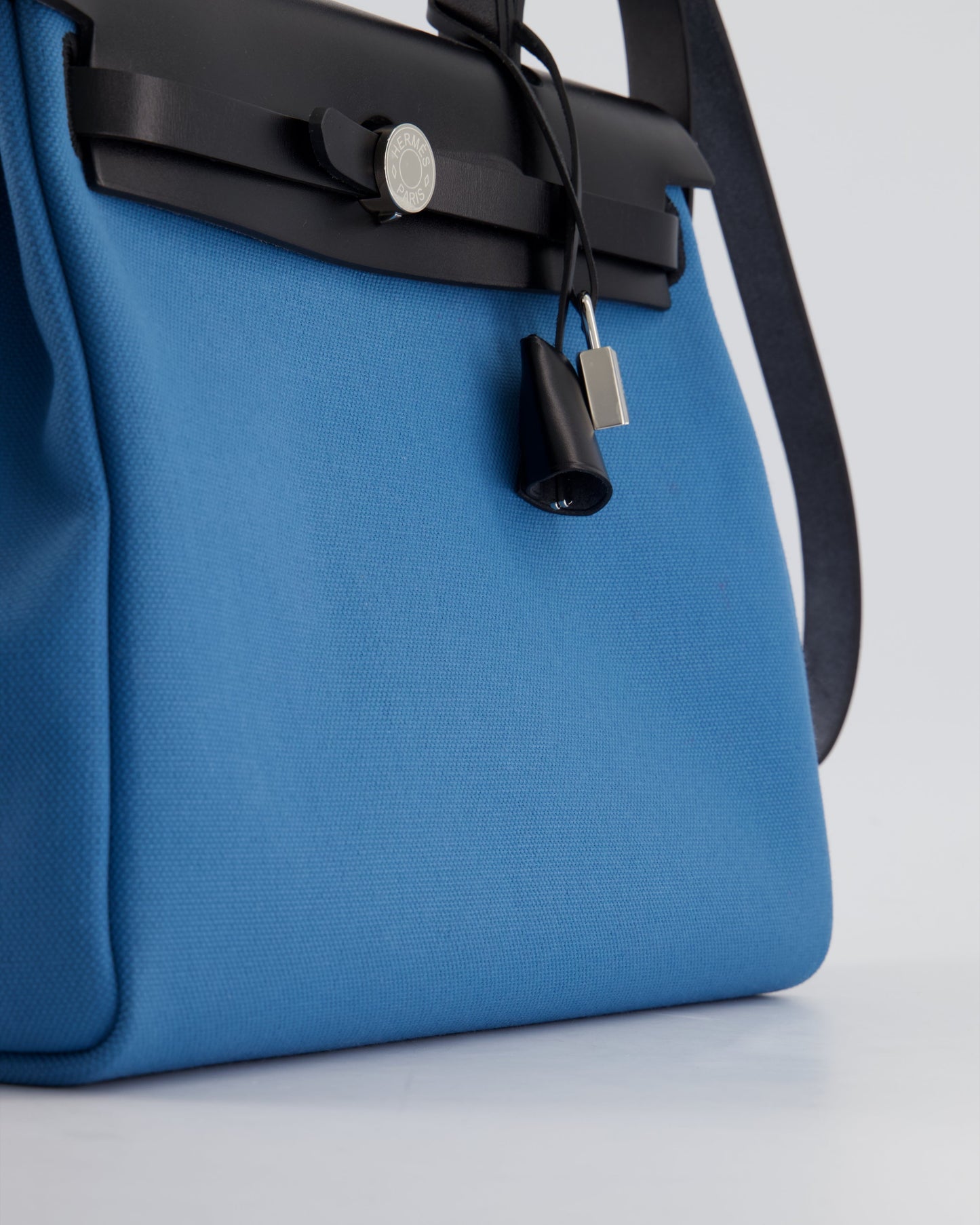 Hermes Herbag 31 Bag in Blue Jean Canvas and Noir Vache Hunter Leather with Palladium Hardware