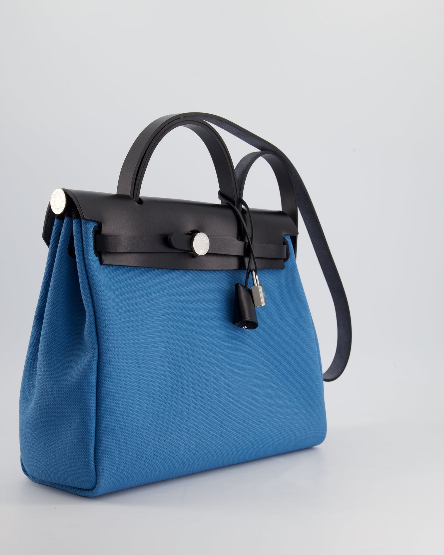 Hermes Herbag 31 Bag in Blue Jean Canvas and Noir Vache Hunter Leather with Palladium Hardware