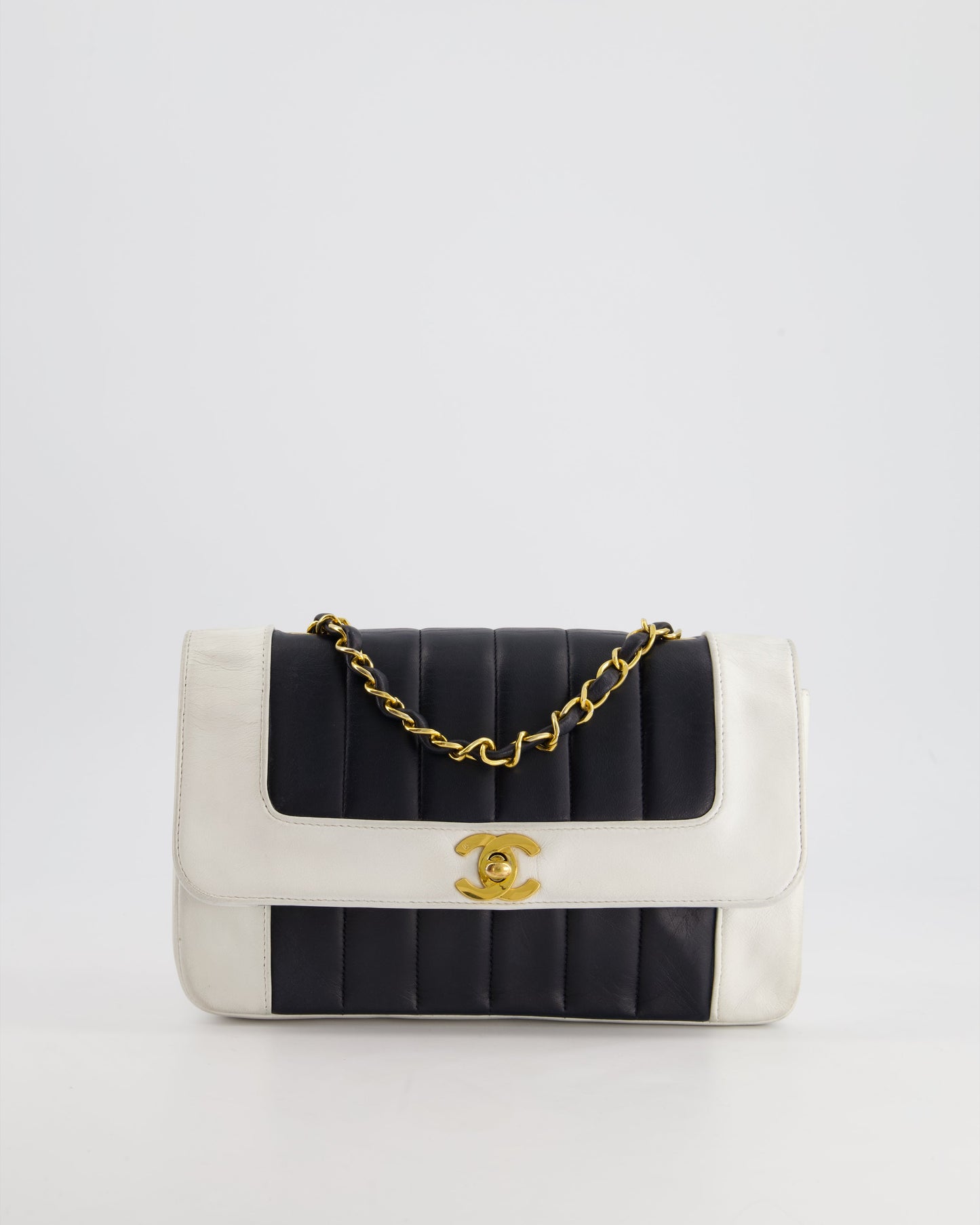 Chanel Black, White Mademoiselle Single Flap Bag in Lambskin Leather with 24K Gold Plated Hardware