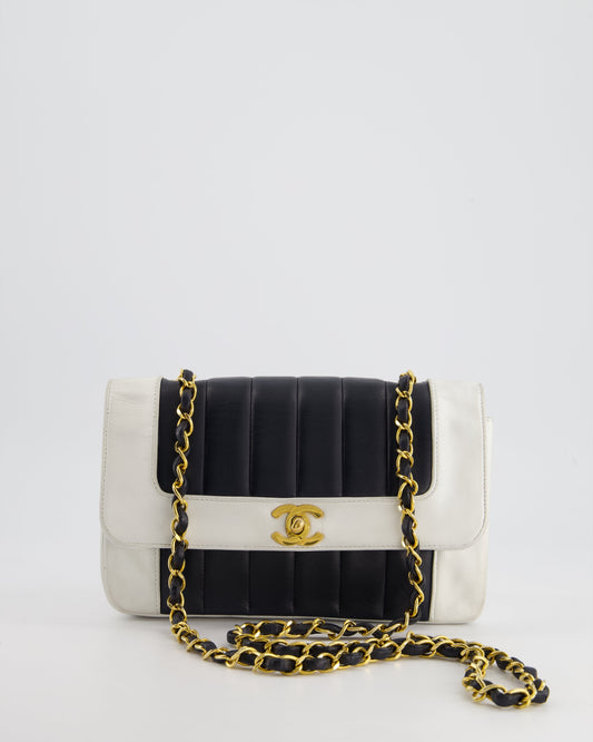 Chanel Black, White Mademoiselle Single Flap Bag in Lambskin Leather with 24K Gold Plated Hardware