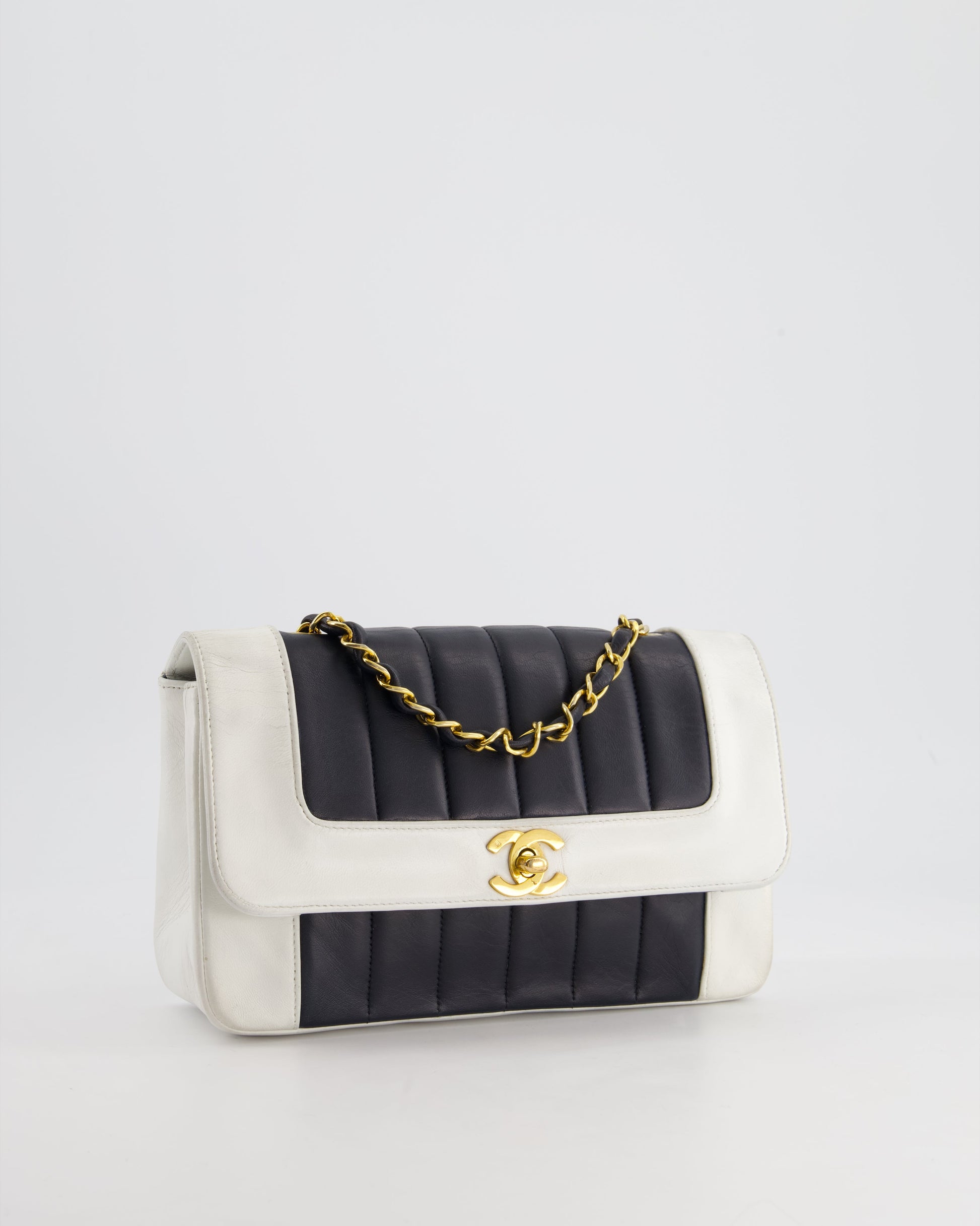 Chanel Black, White Mademoiselle Single Flap Bag in Lambskin Leather with 24K Gold Plated Hardware