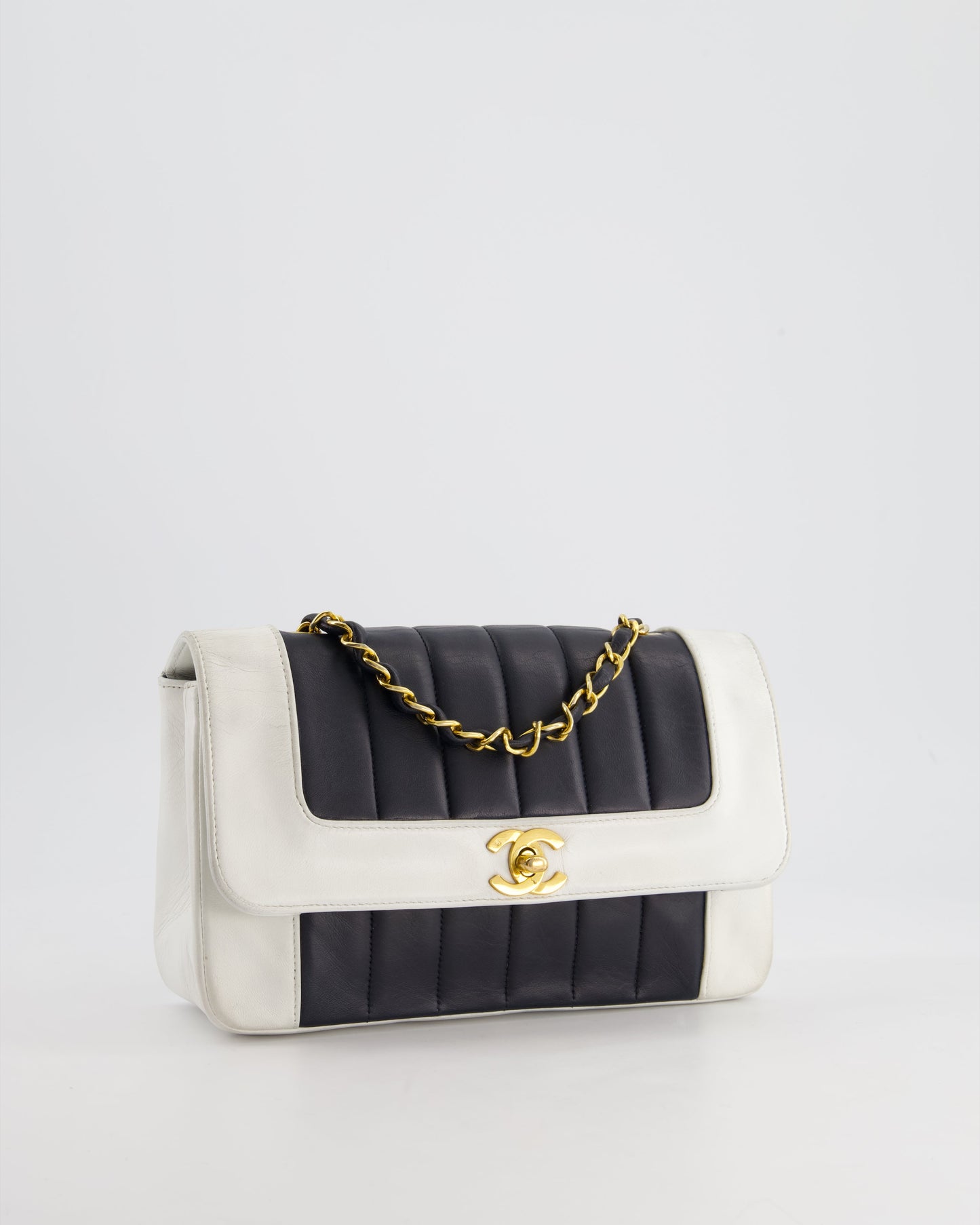 Chanel Black, White Mademoiselle Single Flap Bag in Lambskin Leather with 24K Gold Plated Hardware