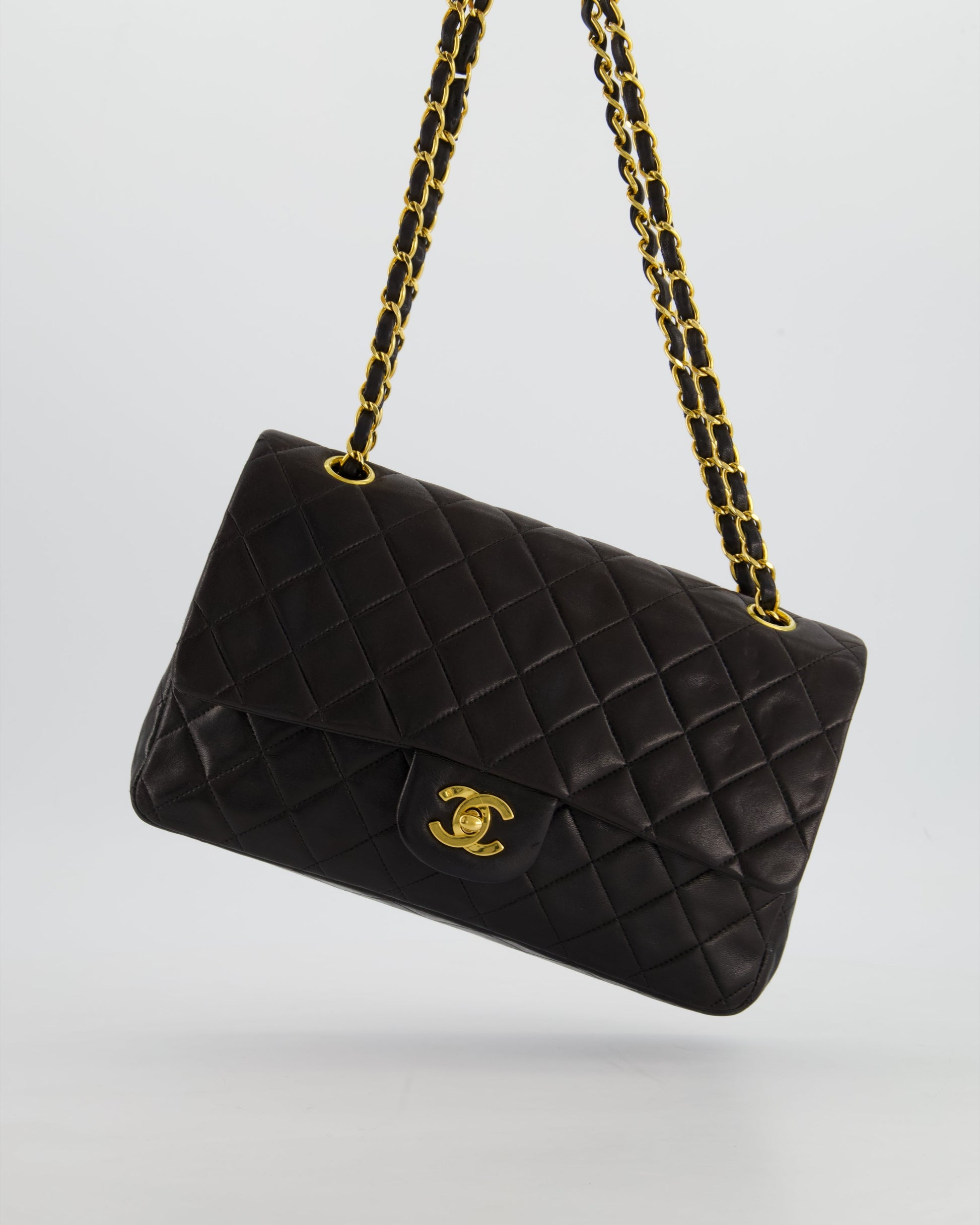 Chanel Black Medium Double Flap Bag In Lambskin Leather with 24K Gold Hardware