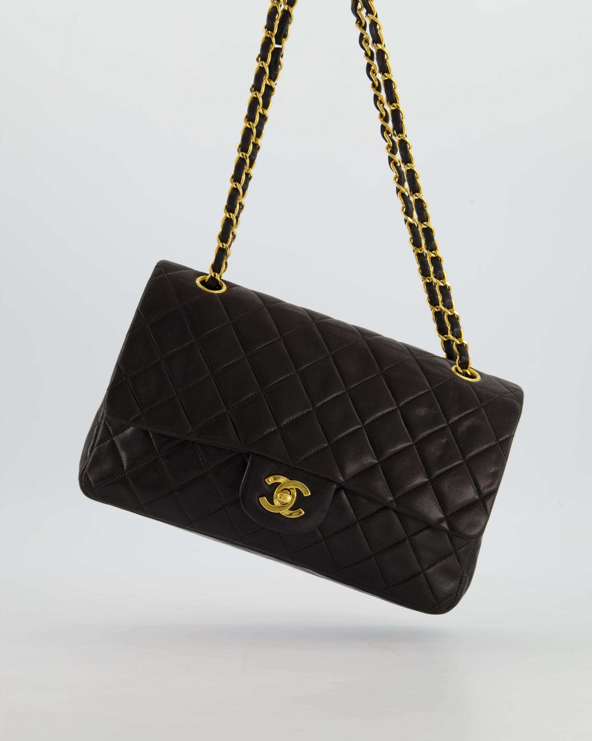 Chanel Black Medium Double Flap Bag In Lambskin Leather with 24K Gold Hardware