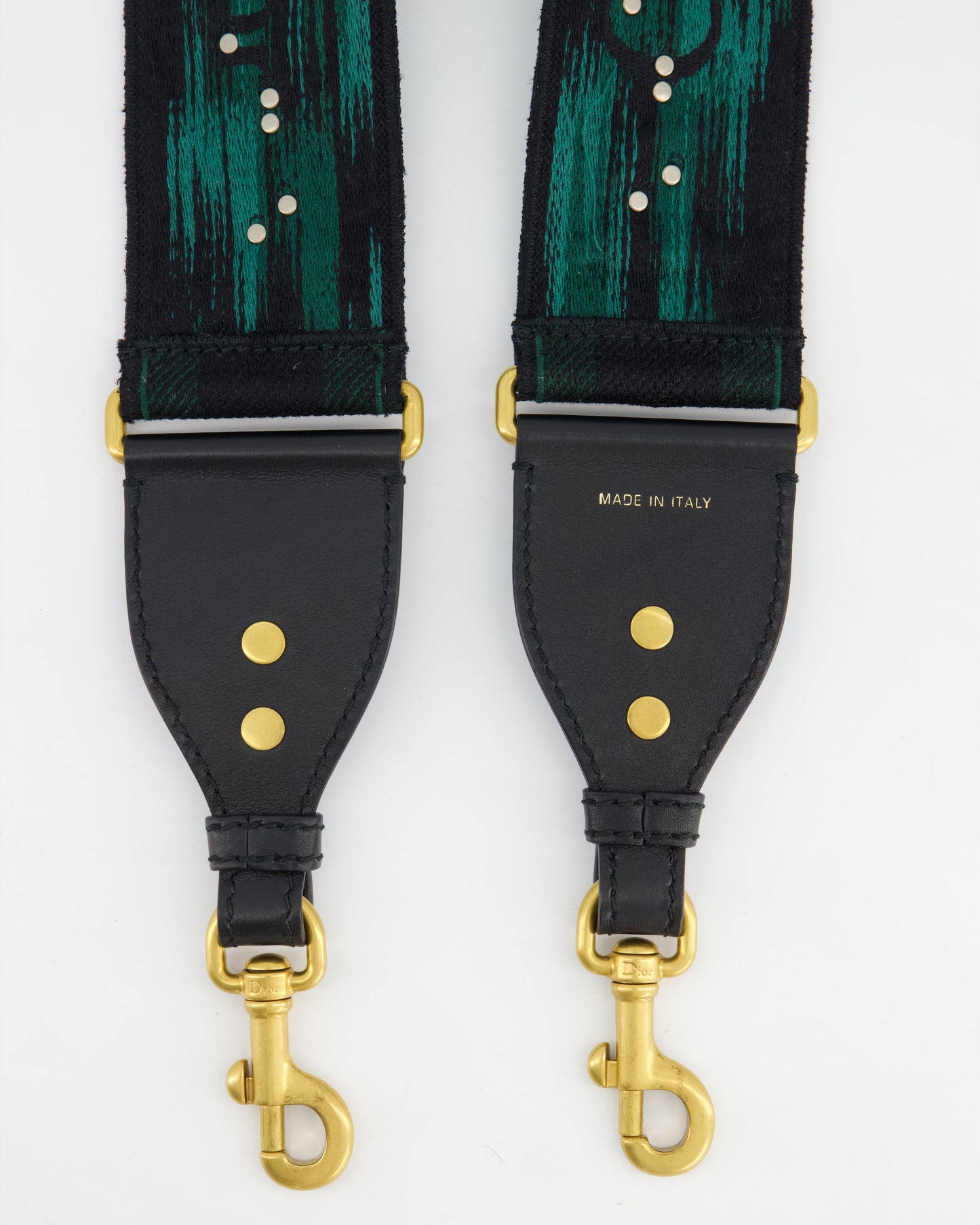 Christian Dior Green & Black Guitar Bag Strap with Logo and Antique Gold Hardware