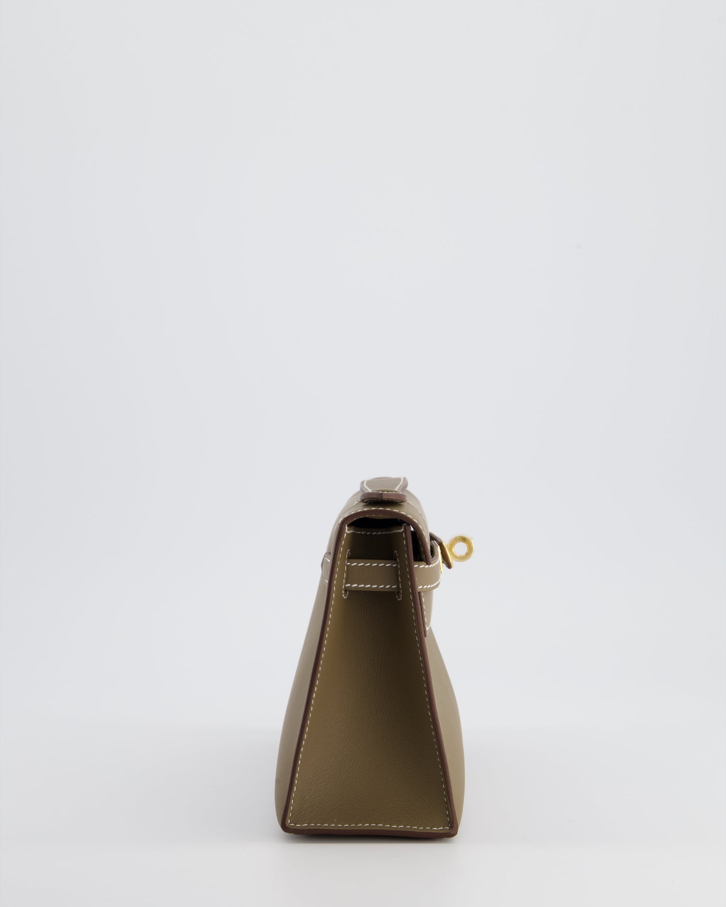 Hermes Kelly Pochette Bag in Etoupe Swift Leather and Gold Hardware