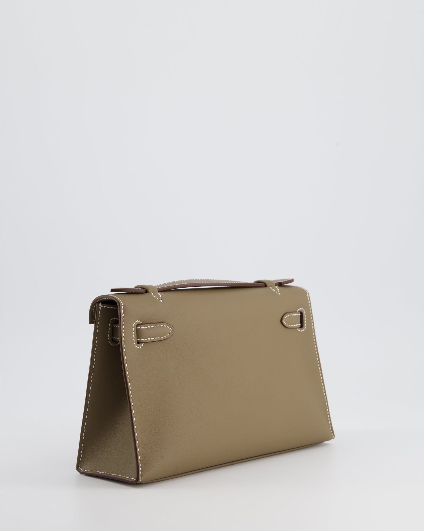 Hermes Kelly Pochette Bag in Etoupe Swift Leather and Gold Hardware