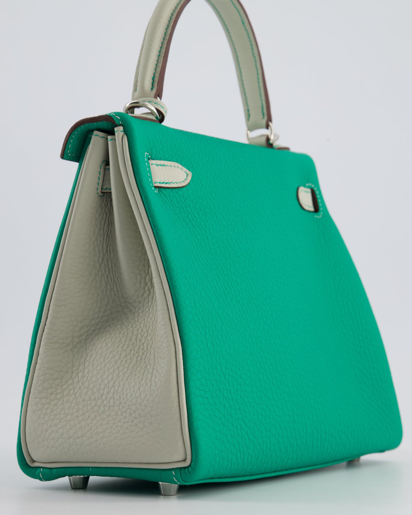 *SUPER RARE* Hermes HSS Kelly 25 Retourne Bag in Vert Vertigo & Gris Perle Togo Leather with Palladium Hardware & Contrast Stitching